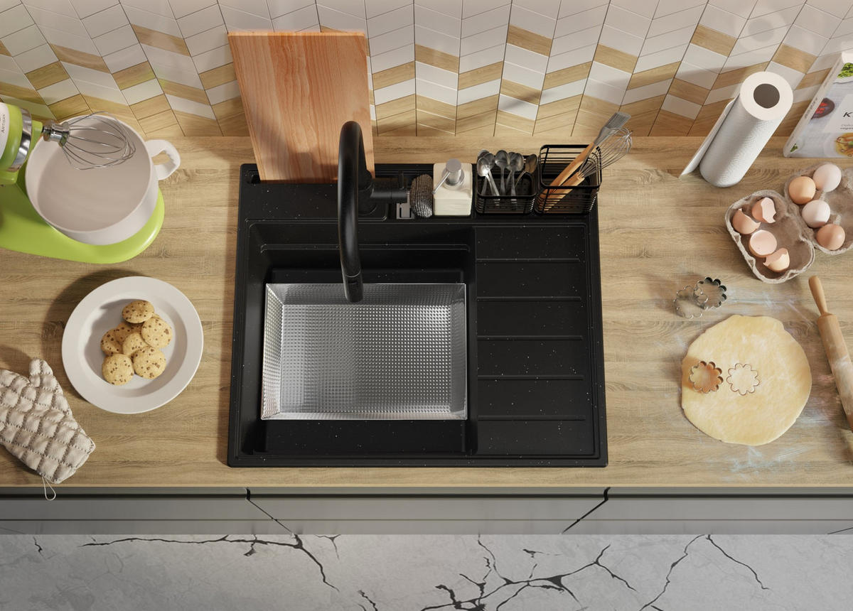 SPÜLBECKEN Sydney Pocket, 2-er set Schwarz Metallic 62/53 cm 1 Becken + Ablauf-Set + Küchenzubehörset ab 45er Unterschrank - Chromfarben/Schwarz Hochglanz, Kunststoff (62/20/53cm) - Primagran