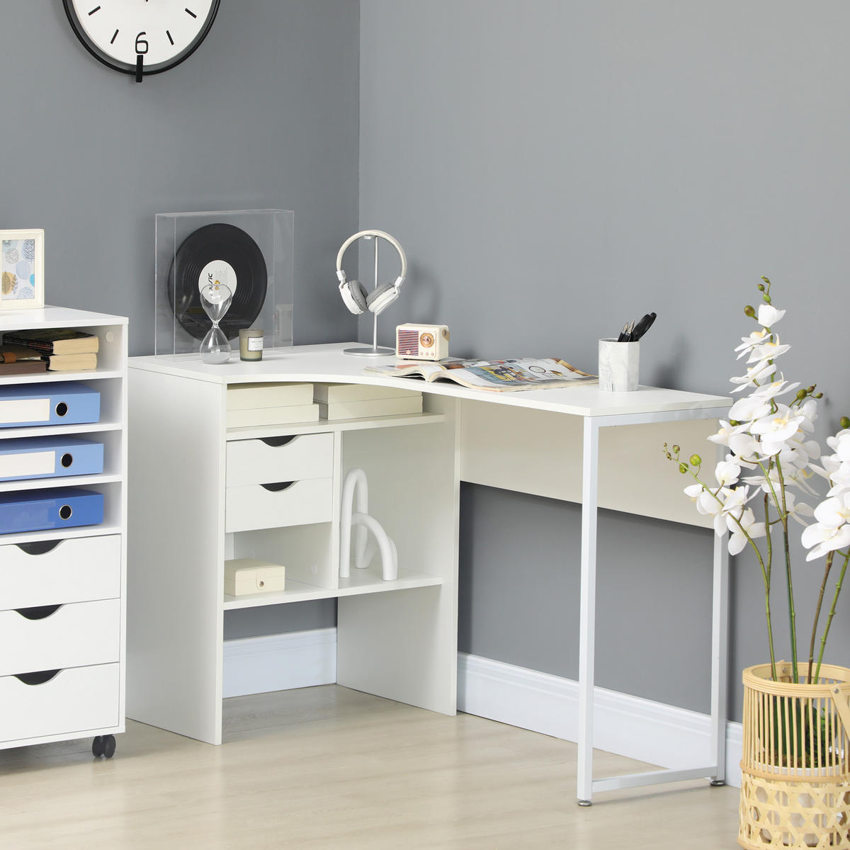 ECKSCHREIBTISCH Weiß mit 2 Schubladen und 3 offenen Fächern 120/60/74 cm - Weiß, Holzwerkstoff (60/120/74cm) - PANGIVO