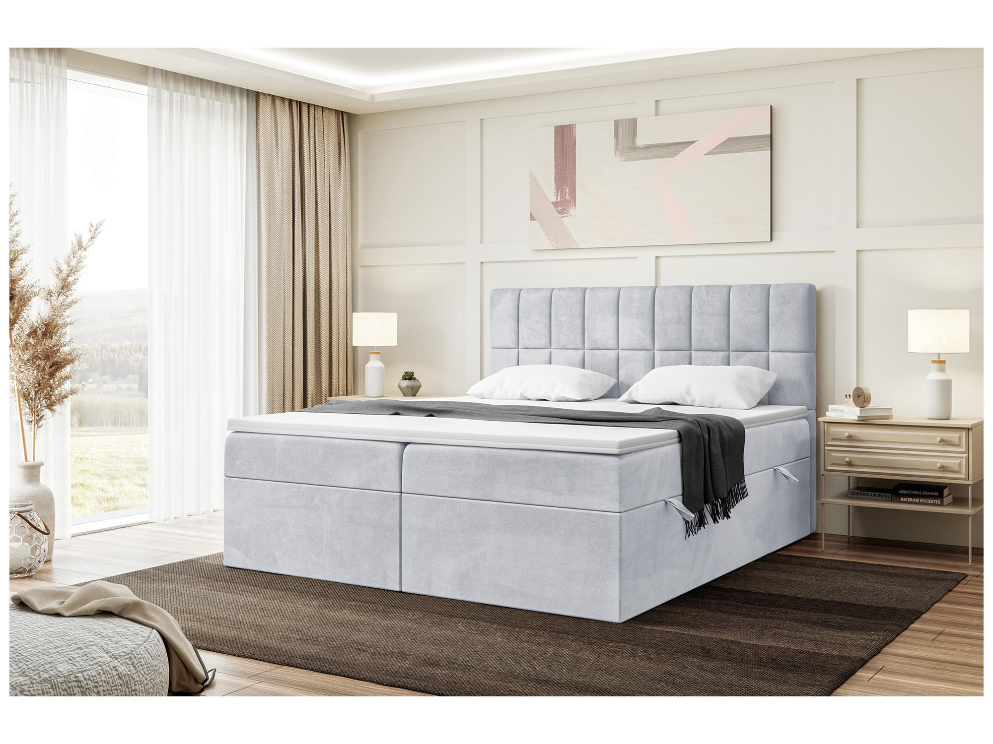 BOXBETT LUKAS 140x200 cm in Hellgrau Samt - Hellgrau/Schwarz, Holz/Holzwerkstoff (140/200cm) - Meblini