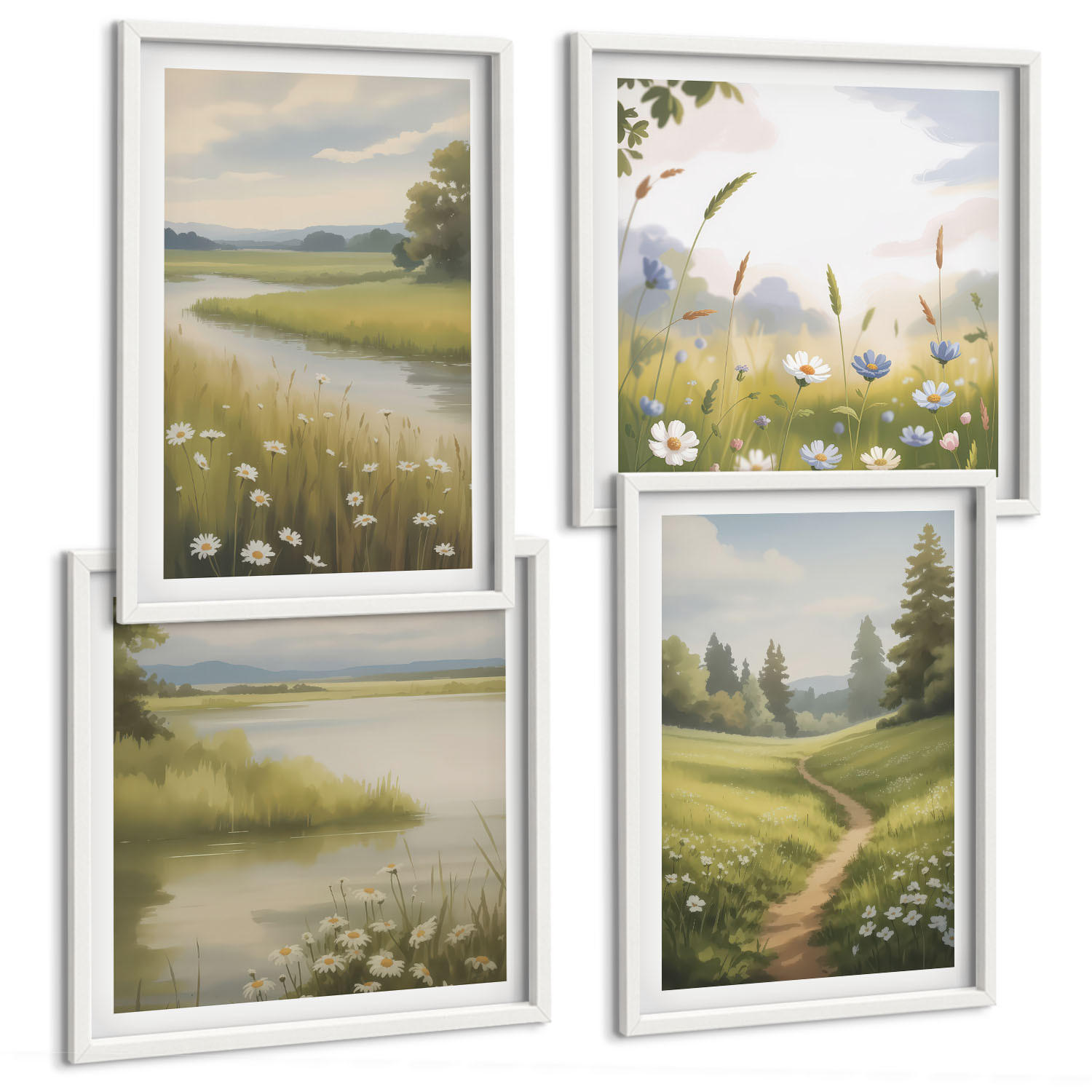 BILDER SET 4er Set - 50x50 cm & 40x60 cm Weißer Rahmen - Frühlingslandschaft Flusswiese - Weiß, Kunststoff (50/50cm) - TULUP