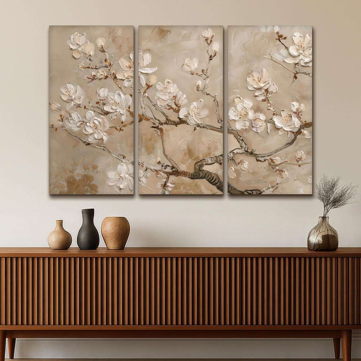 LEINWANDBILD 3er Set Beige - Blüte - Modern 180x120 cm - Greige, Textil (180/120cm) - MuchoWow