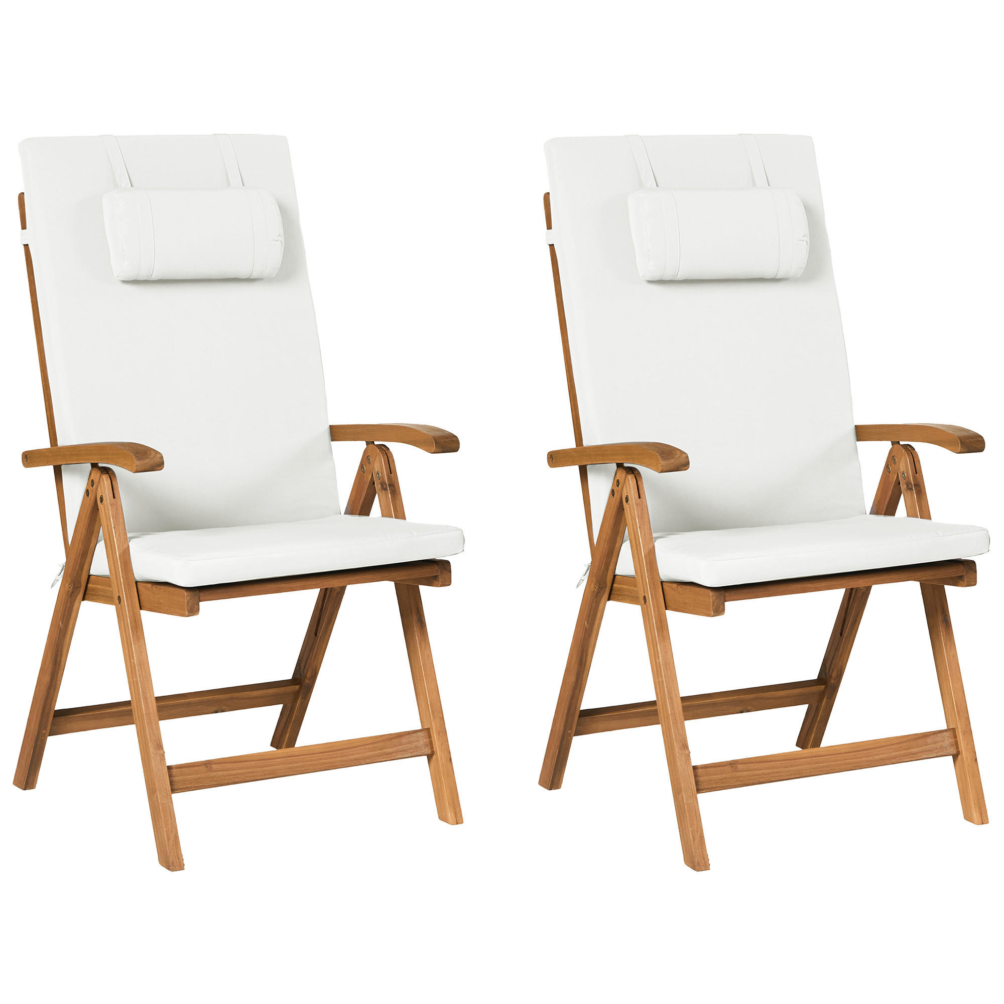 GARTENSTUHL 2er-Set und Sitzkissen Akazienholz Cremeweiß Java Premium - Hellbraun, Holz (54/105/69cm) - Beliani