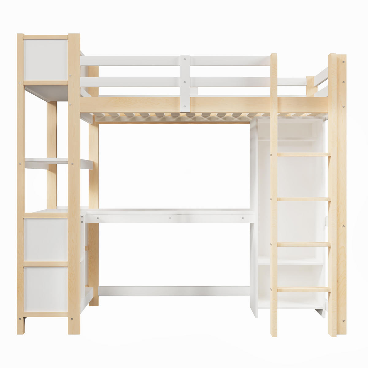 HOCHBETT 90/200 cm in Weiß & Natur mit Regal, Schreibtisch und Kleiderschrank - Weiß/Naturfarben, Holzwerkstoff (90/200cm) - STILVORA
