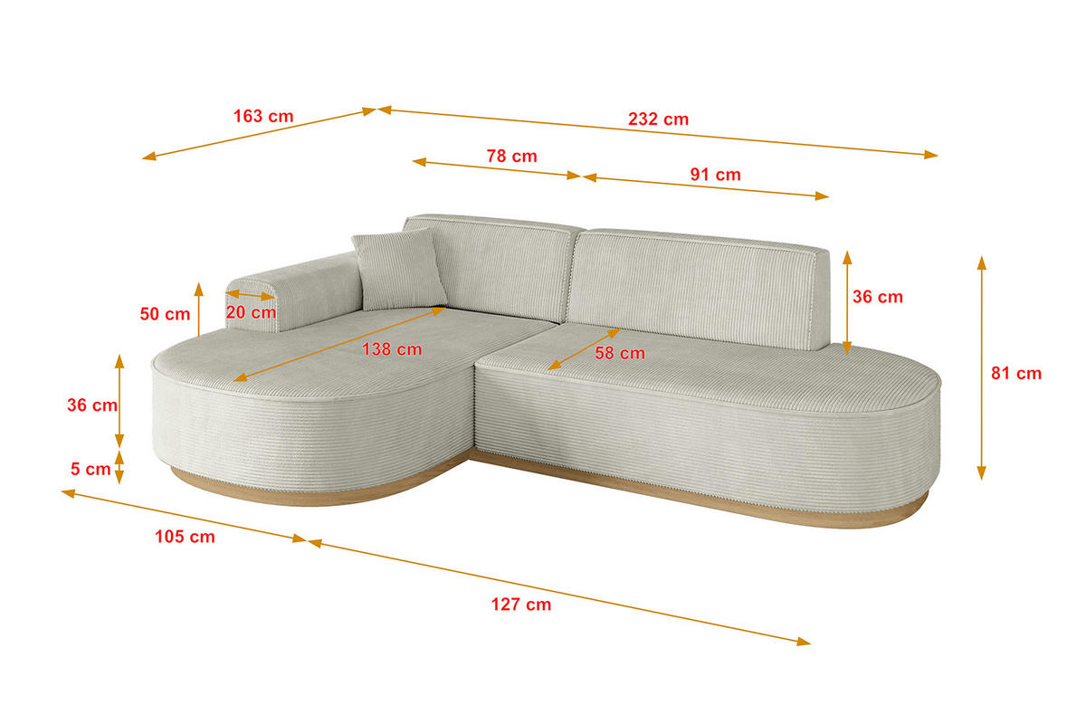 ECKSOFA Ottomane Links MARI-L1-v2 - 243x171x83 cm Hellgrau Cord - Hellgrau, Holzwerkstoff/Textil (243/171cm) - ALTDECOR