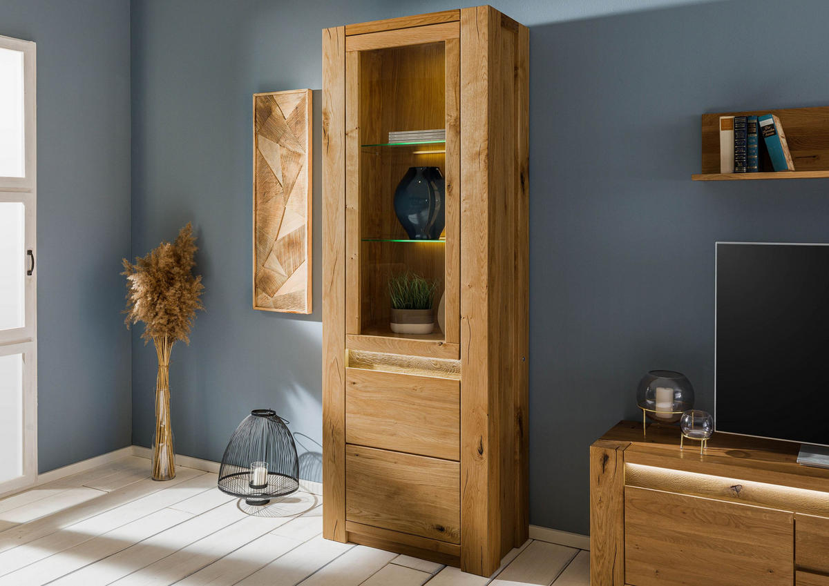 VITRINE Wildeiche 73x40x205 braun geölt KENT #301 - Dunkelbraun, Holz (73/205/40cm) - Massivmoebel24