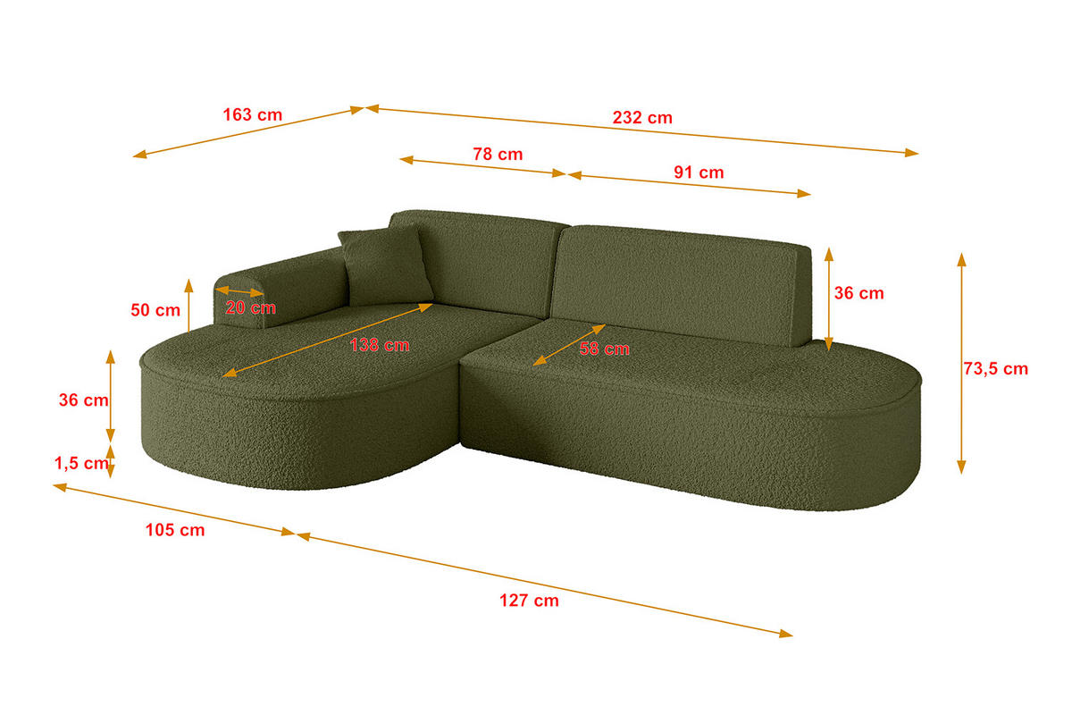 ECKSOFA Ottomane Links MARI-L1 - 232x163x73,5 cm Grün Bouclé - Schwarz/Grün, Holzwerkstoff/Kunststoff (163/234cm) - ALTDECOR