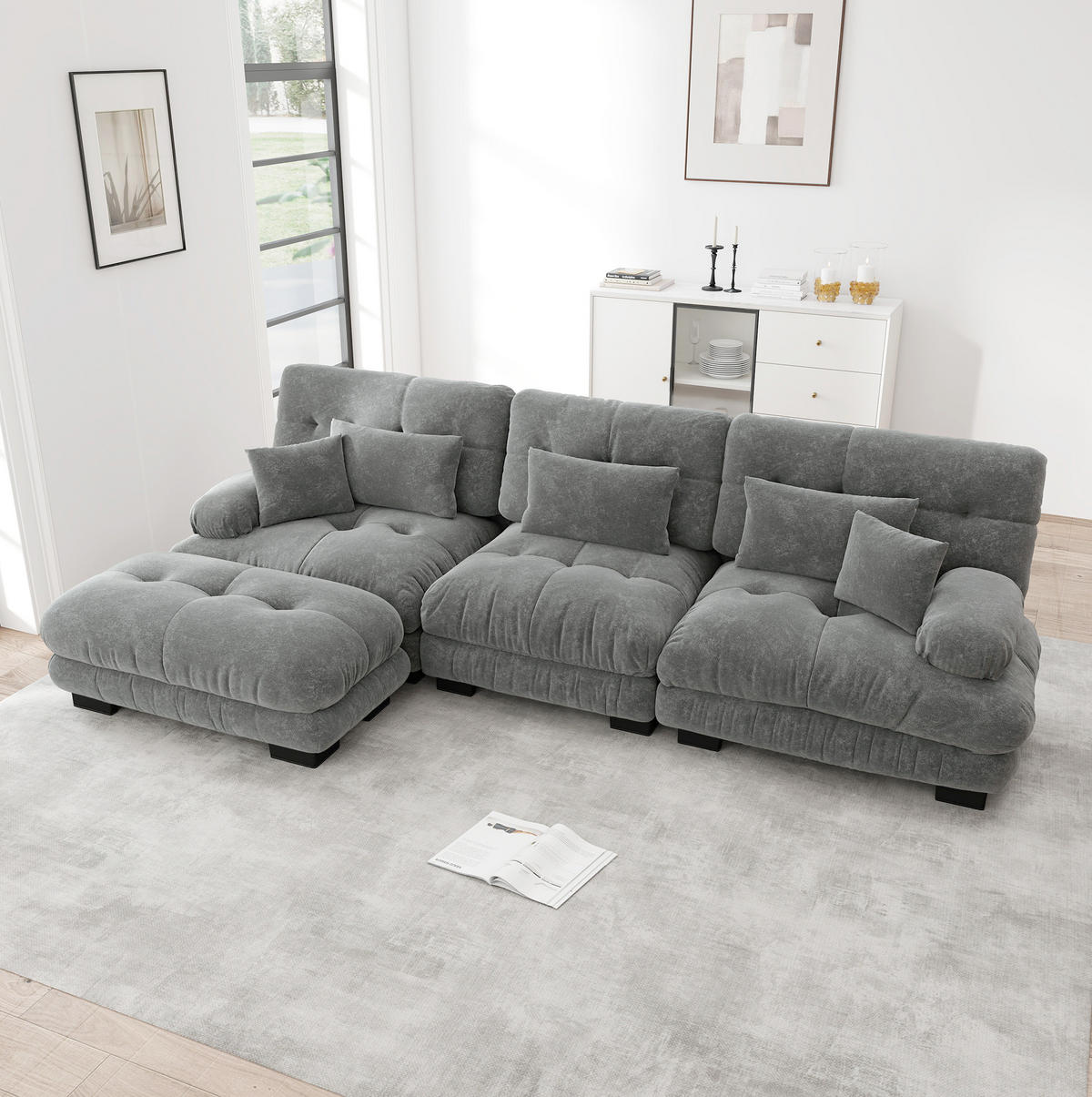 ECKSOFA 313/145/81 cm in Grau aus Chenille mit Ottomanen, modular und besonders bequem - Grau, Textil (145/313cm) - Flora Grace