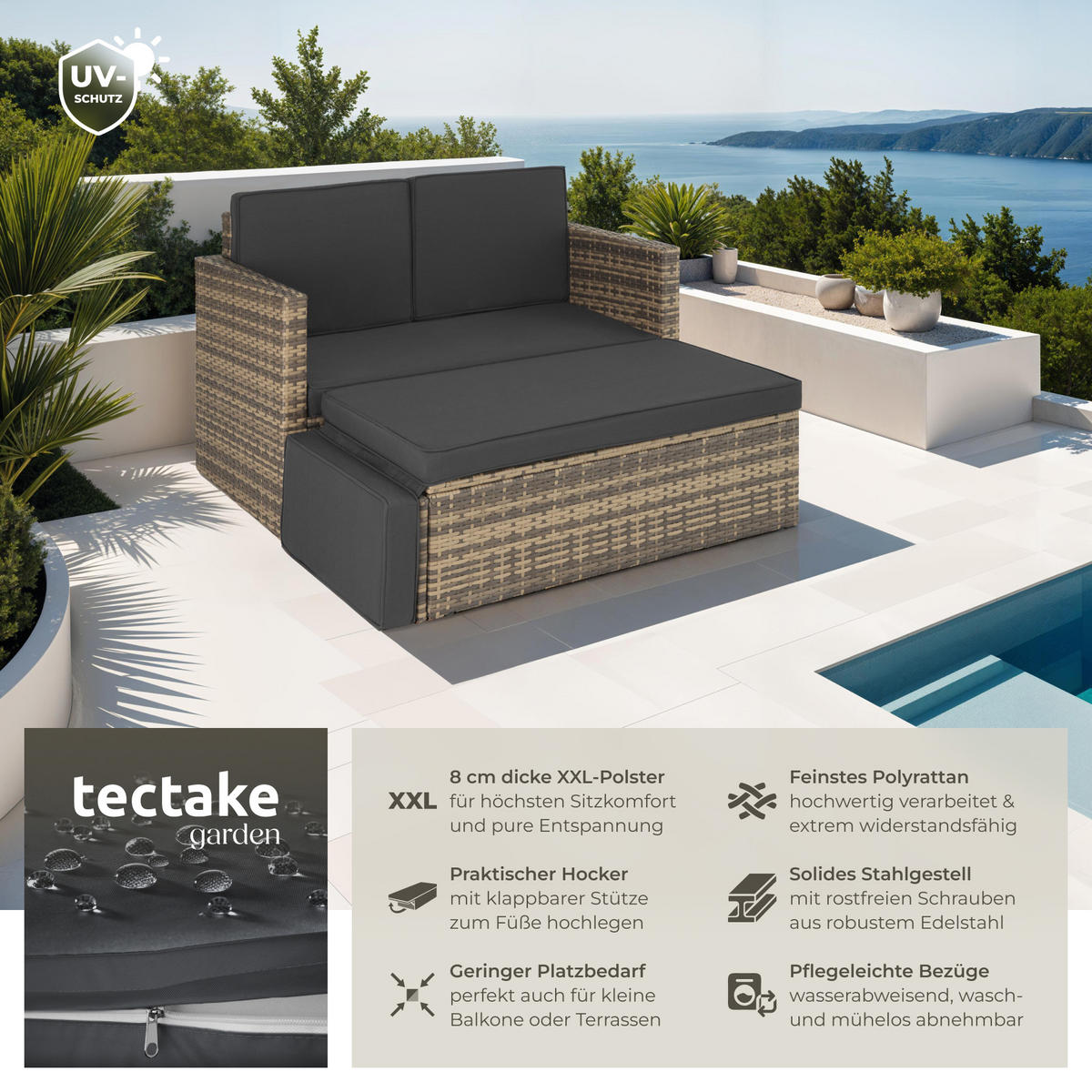 RATTANLOUNGE Korfu,Hocker mit klappbarer Stütze,natur - Naturfarben, Kunststoff - tectake