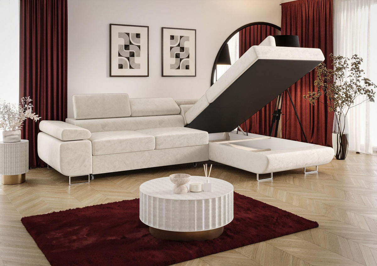 ECKSOFA EMILY mit Schlaffunktion Poso 100 Rechts - Ecru, Textil (275/200cm) - Bedante