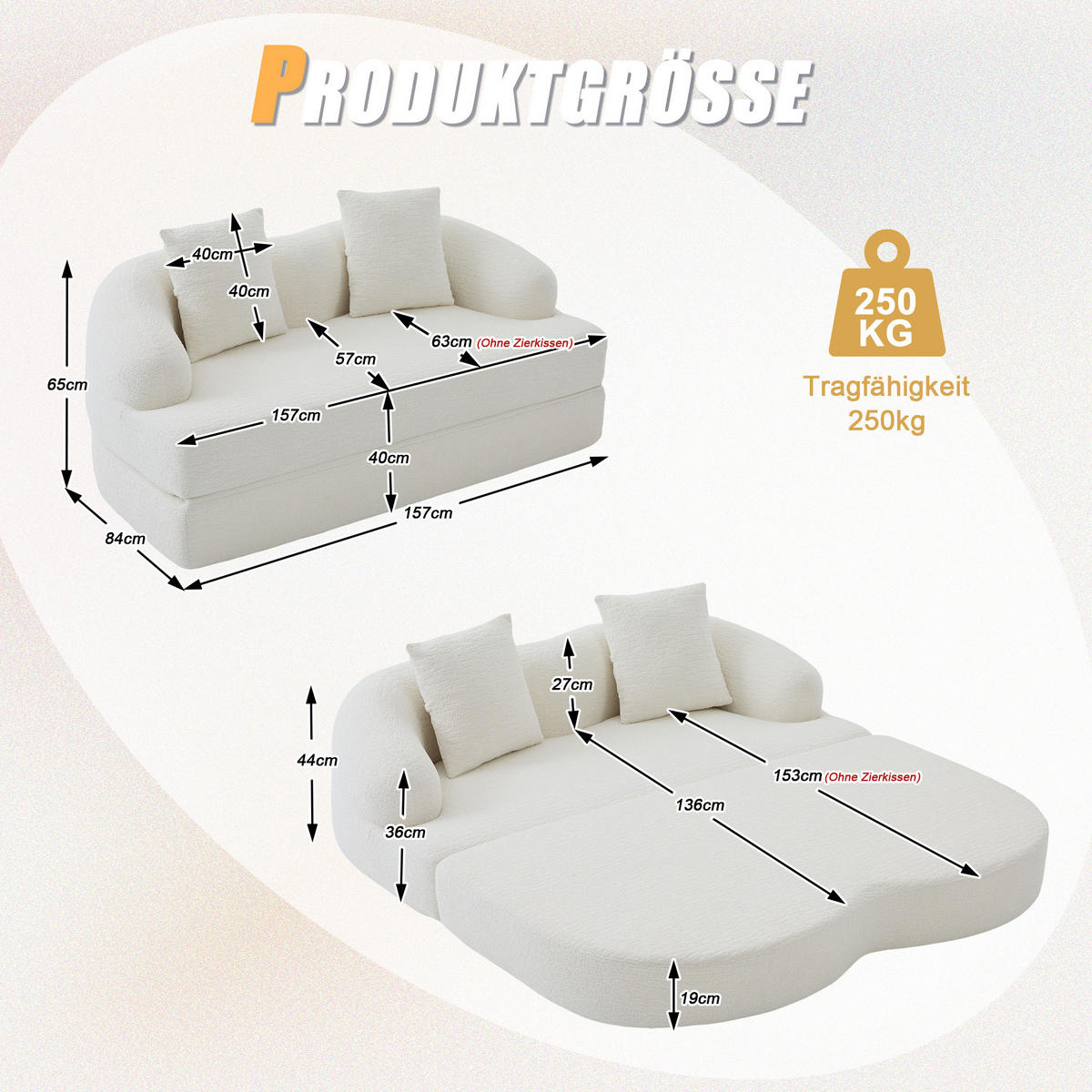 SCHLAFSOFA, 2 Sitzer aus Chenille, Klappsofa Bodensofa mit Schlaffunktion, Beige - Beige, Textil (157/44/153cm) - LVHOM