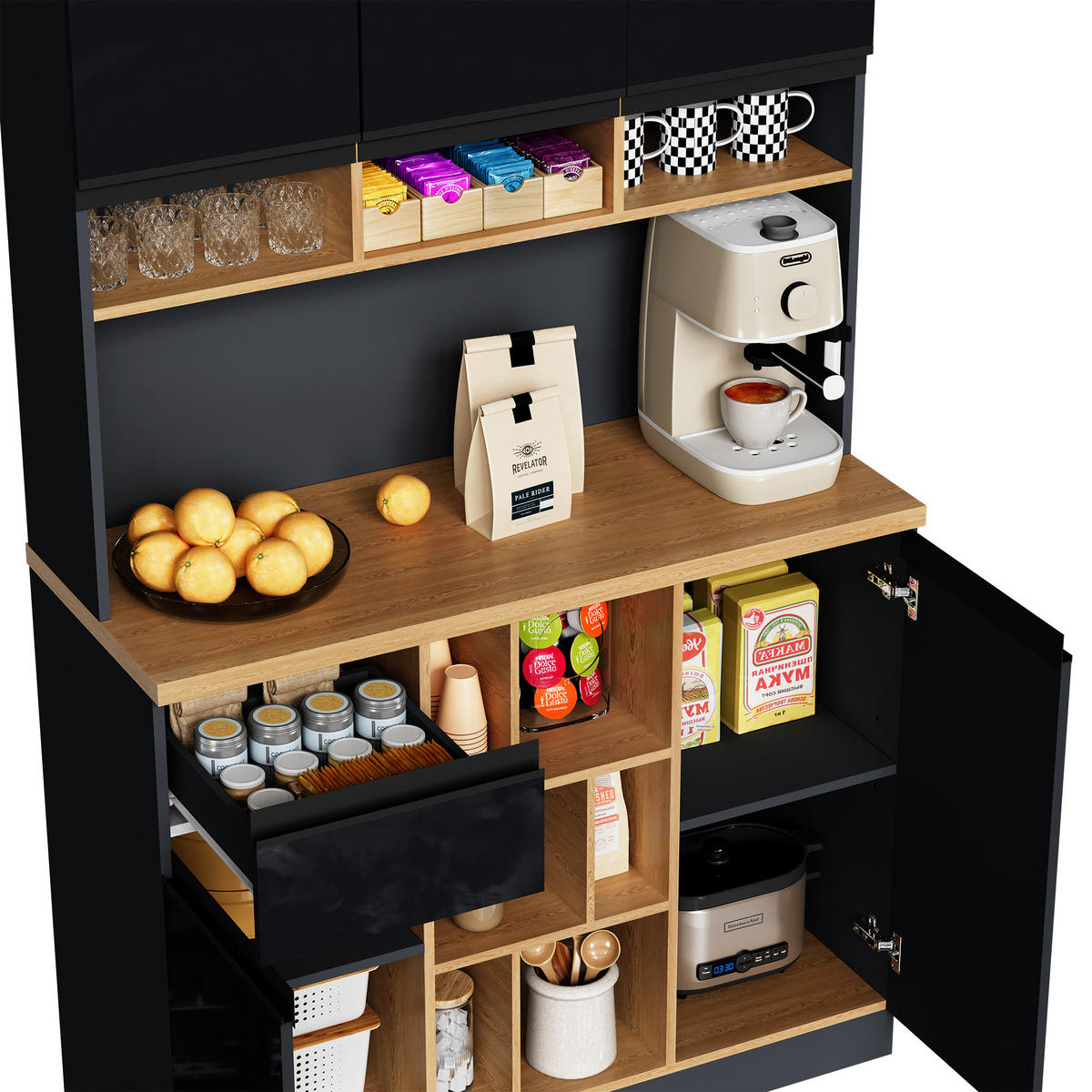 HOCHSCHRANK in Anthrazit mit Hochglanz-Schwarz, Schublade, Türen und verstellbaren Regalen, 105/45/185 cm, Anthrazit，Schwarz - Schwarz, Holzwerkstoff (105/185/45cm) - Redom