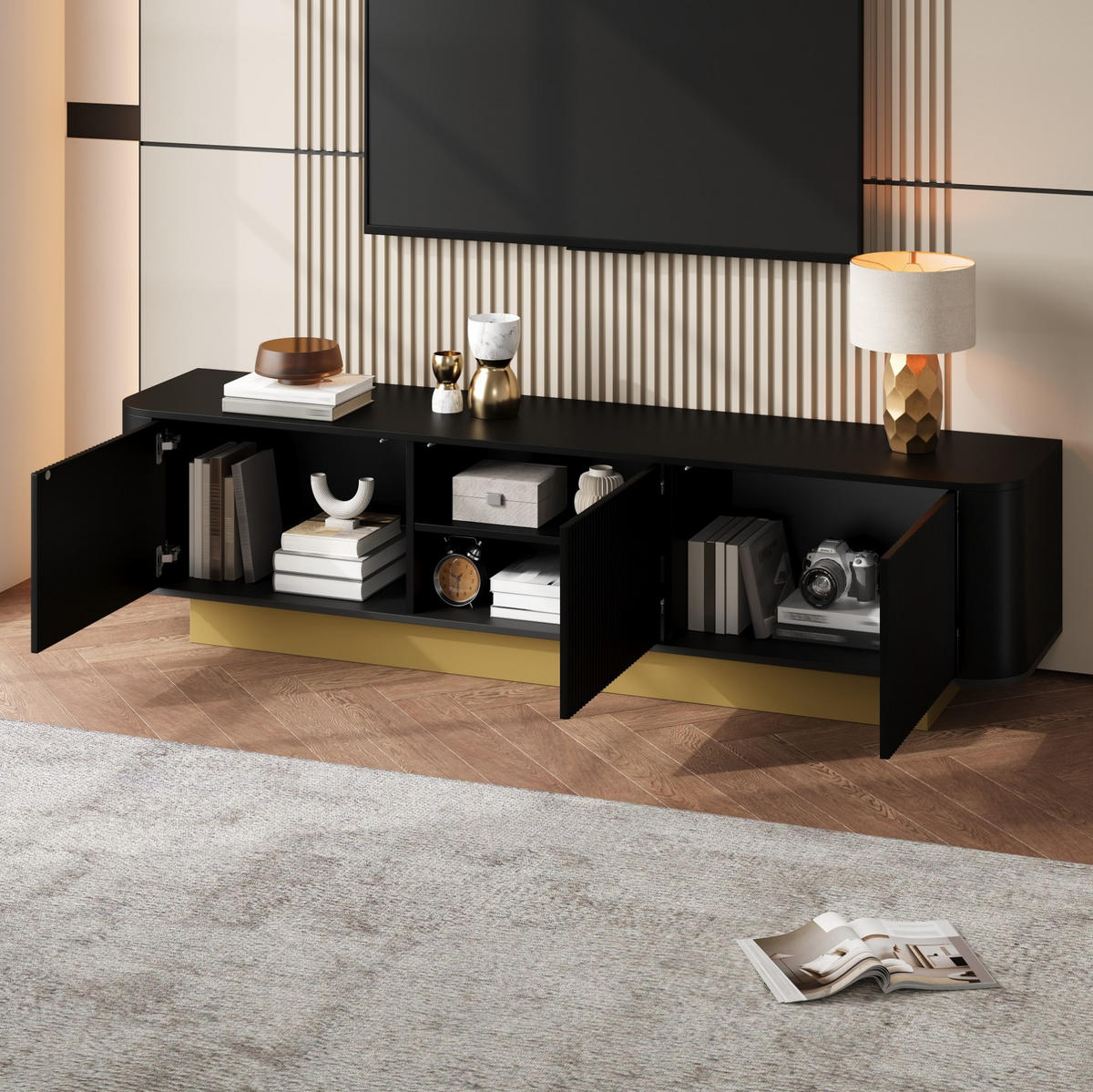 TV-LOWBOARD mit Stauraum 170 x 40,5 x 47 cm MDF/PB Black 3 Türen - Schwarz, Holzwerkstoff (40.5/47/170cm) - Beauniv
