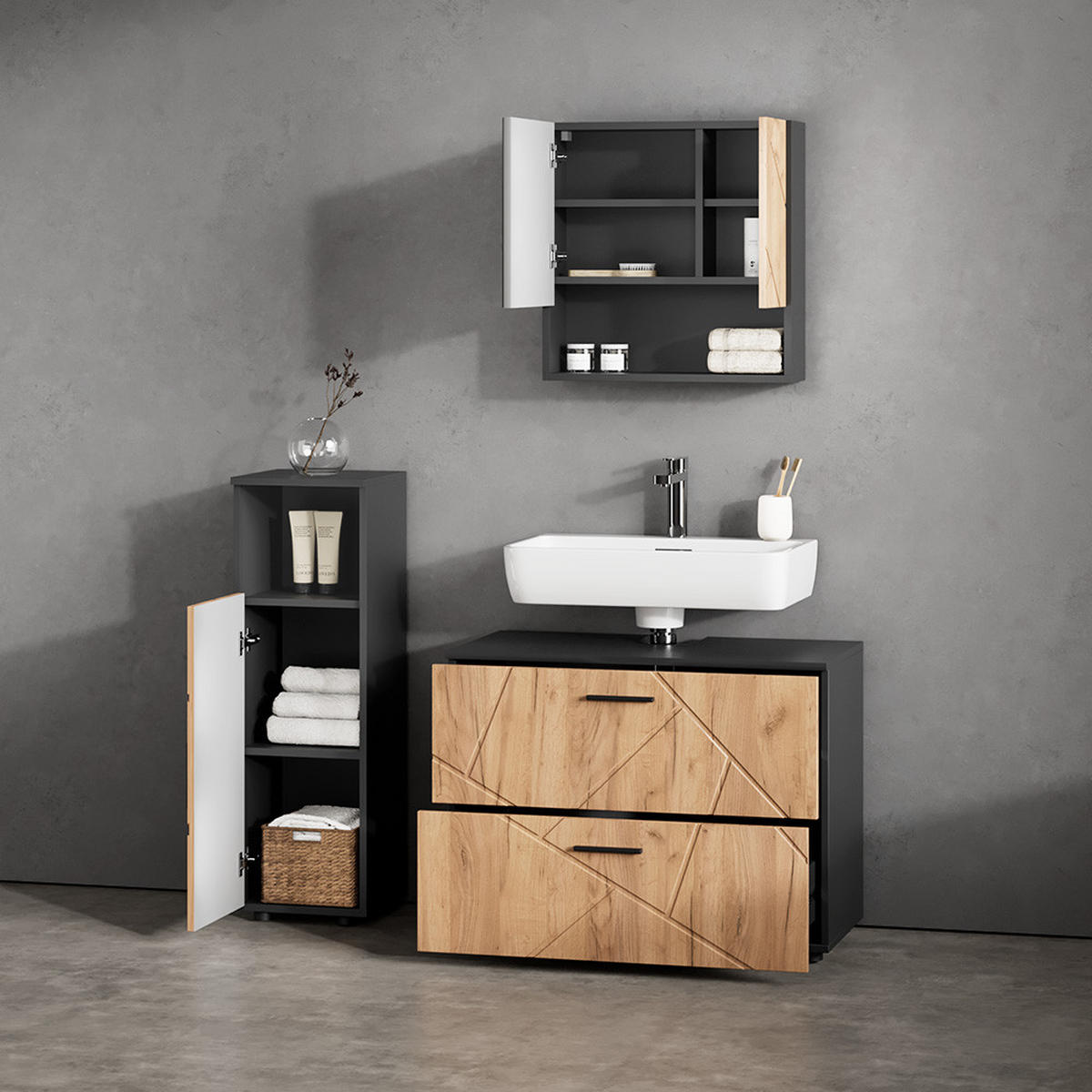 BADMÖBEL-SET Ronco Goldkraft Eiche/Anthrazit 3 Teile, mit Midischrank - Anthrazit/Eiche Wotan, Holzwerkstoff (54/55/41cm) - Livinity®