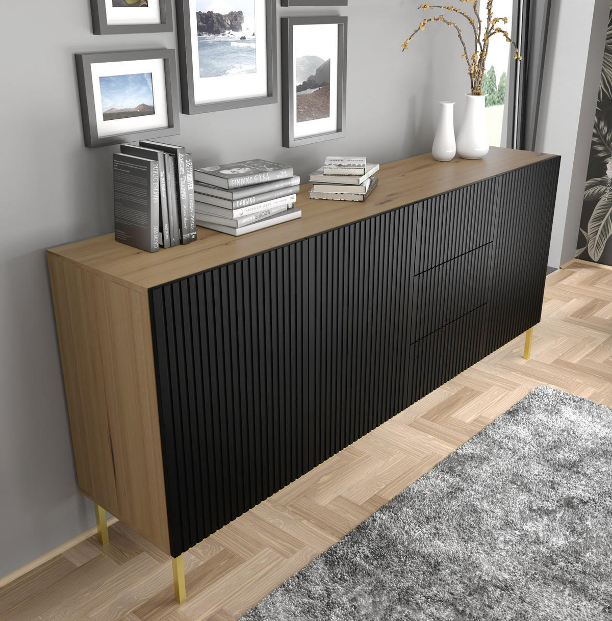 KOMMODE Artisan Eiche, Schwarz, Schwarz 200/89/42 - Schwarz, Holzwerkstoff (200/89/42cm) - RAUMHIRSCH FURNITURE
