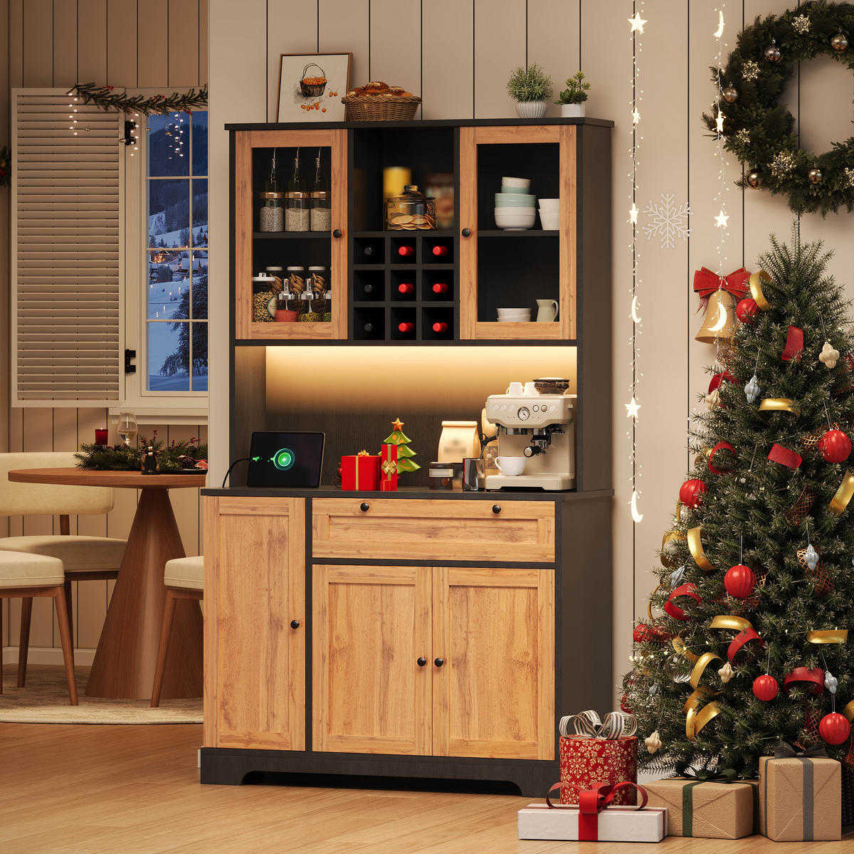 BUFFET mit LED-Beleuchtung, Steckdose und verstellbaren Einlegeböden - Schwarz/Naturfarben, Holzwerkstoff (105/180/40cm) - EVRYAE