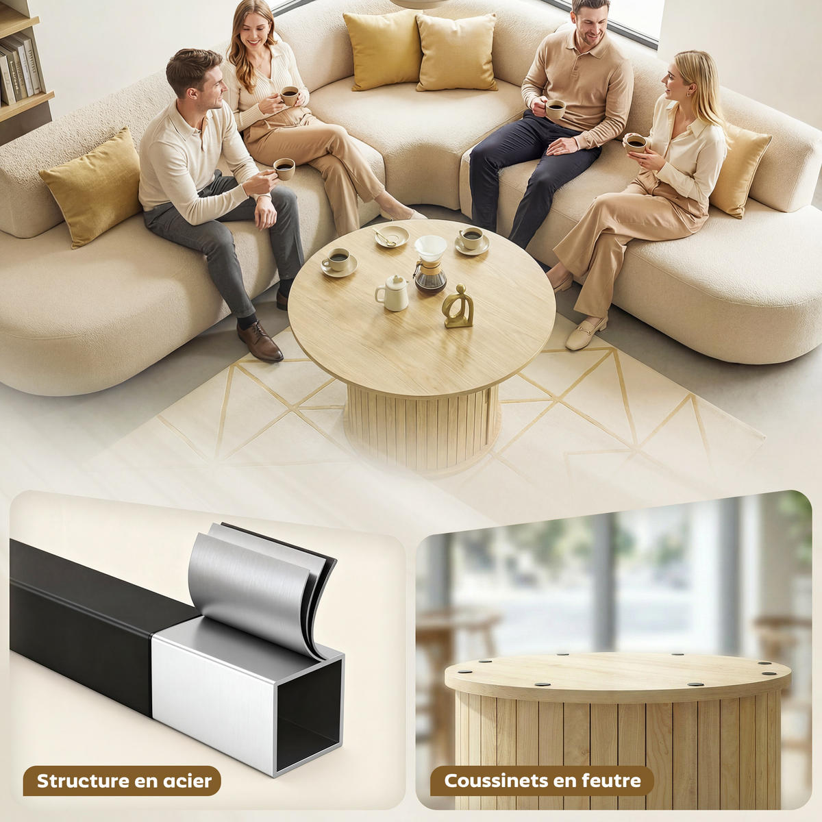 COUCHTISCH DE-15840 versteckter Stauraum mit Schiebetür Naturholz - Naturfarben, Holzwerkstoff (80/80/50cm) - ComfortXL