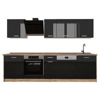 KÜCHENZEILE R-Line, Schwarz Hochglanz/Goldkraft Eiche, 280 cm Arbeitsplatte Goldkraft Eiche - Honigeiche/Schwarz Hochglanz, Holzwerkstoff (280/206.8/60cm) - Vicco