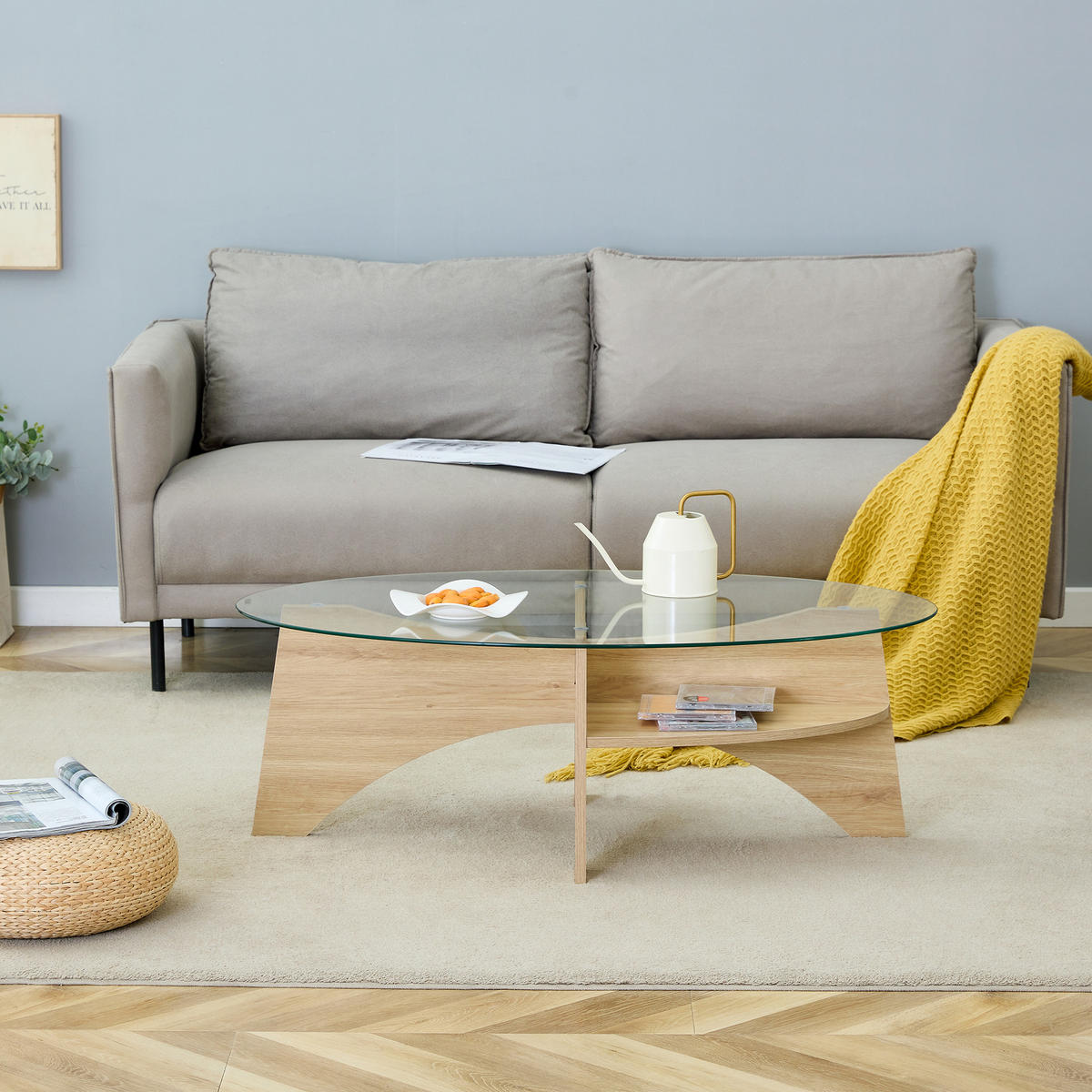 COUCHTISCH in Naturfarbe Moderner ovaler Beistelltisch mit Holzoptik für Esszimmer und Wohnzimmer, B104.9/T60/H35.6 cm - Transparent/Naturfarben, Glas/Holzwerkstoff (60/104.9/35.6cm) - STILVORA