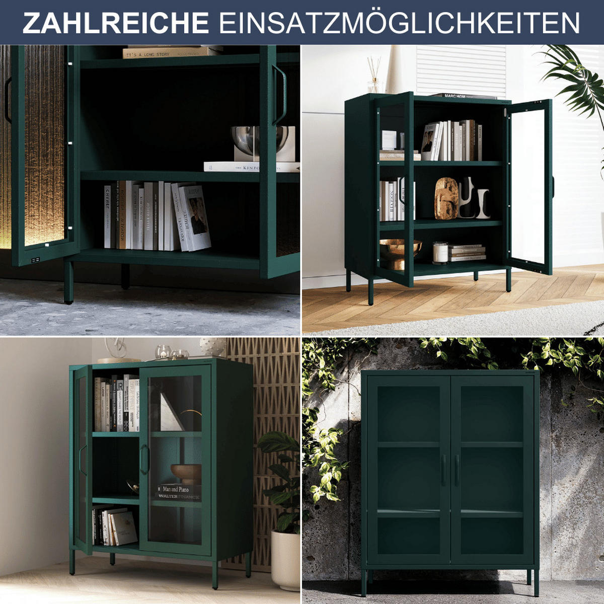 VITRINENSCHRANK Wohnzimmer klein EKER 101,5x80x40cm Dunkelgrün - Dunkelgrün, Metall (80/101.5/40cm) - DELUKE