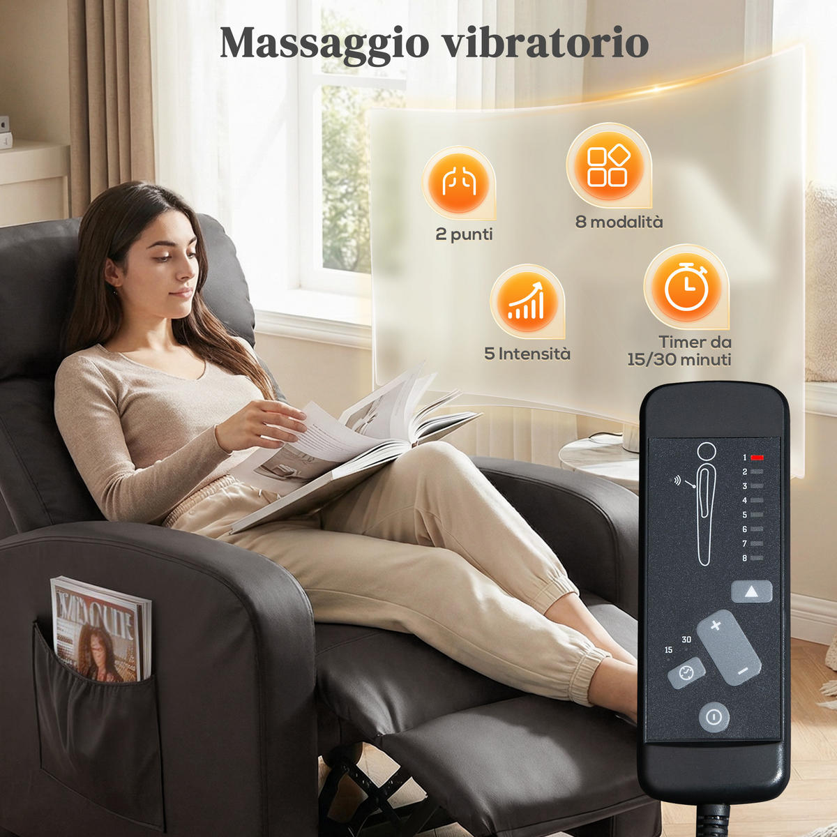 MASSAGESESSEL,8 Programme verstellbare Lehne Fußstütze,braun - Braun, Leder (88/98/68cm) - Vallsero