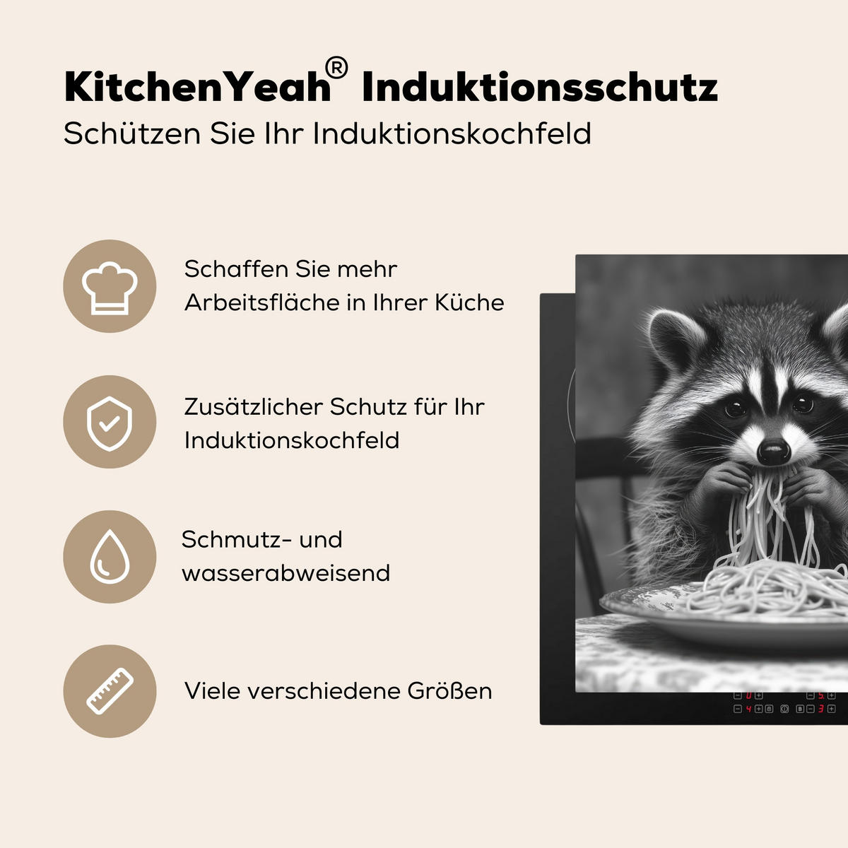 HERDABDECKPLATTE Waschbär - Niedlich - Pasta - Tischtuch - Schwarz - Weiß Induktionsmatte 78x78 cm - Grau, Kunststoff (78/78/0.2cm) - MuchoWow