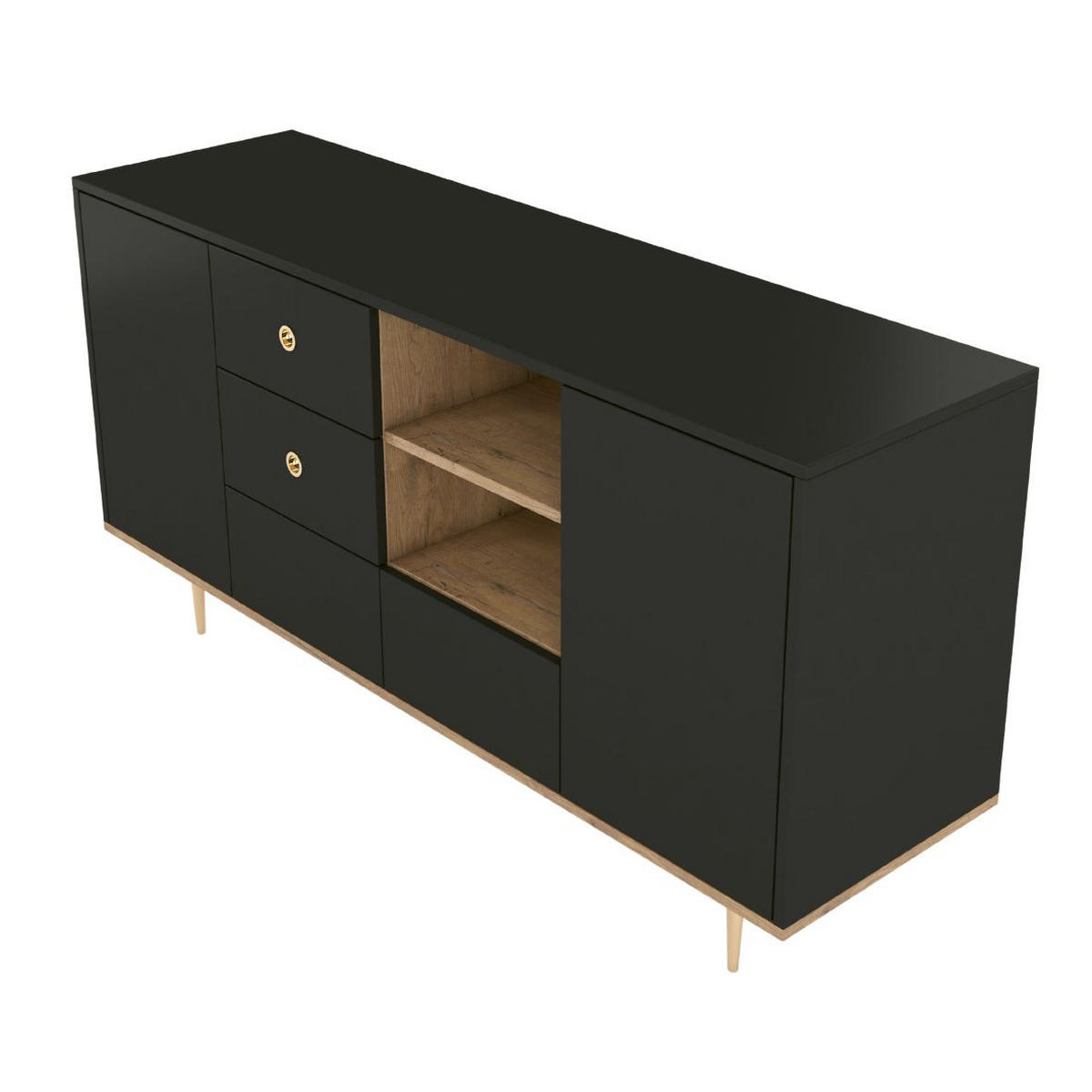 SIDEBOARD Harmoni, Schwarz, Eiche, Goldene Details - Goldfarben/Schwarz, Holzwerkstoff/Metall (160/83/45cm) - Skandica