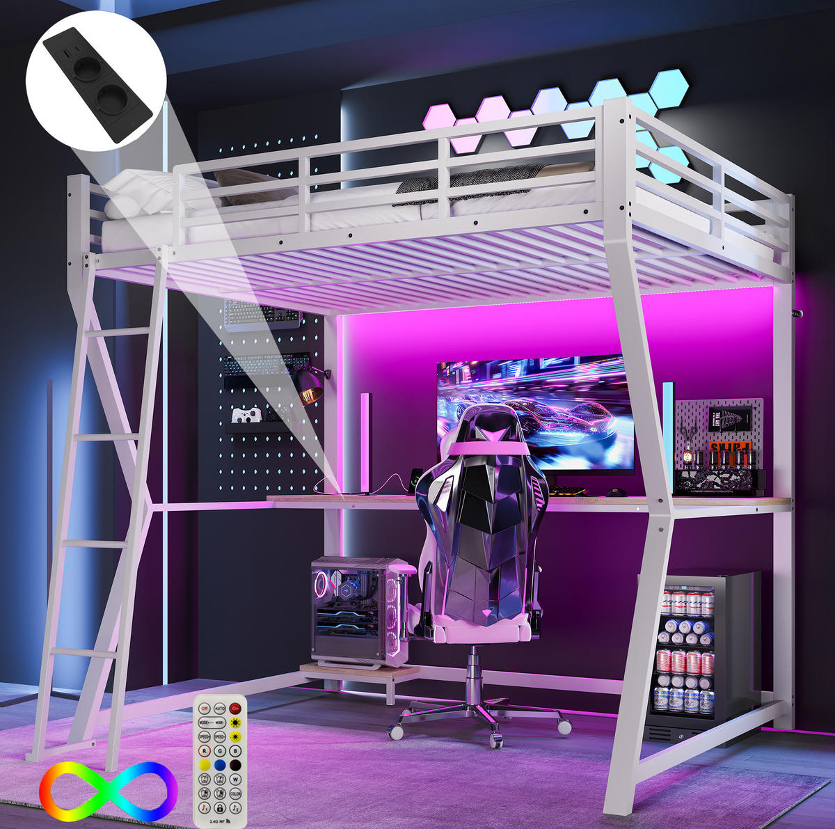 HOCHBETT 140/200 cm in Weiß mit LED-Beleuchtung, Schreibtisch und USB-Anschluss - Weiß, Metall (140/200cm) - Flora Grace