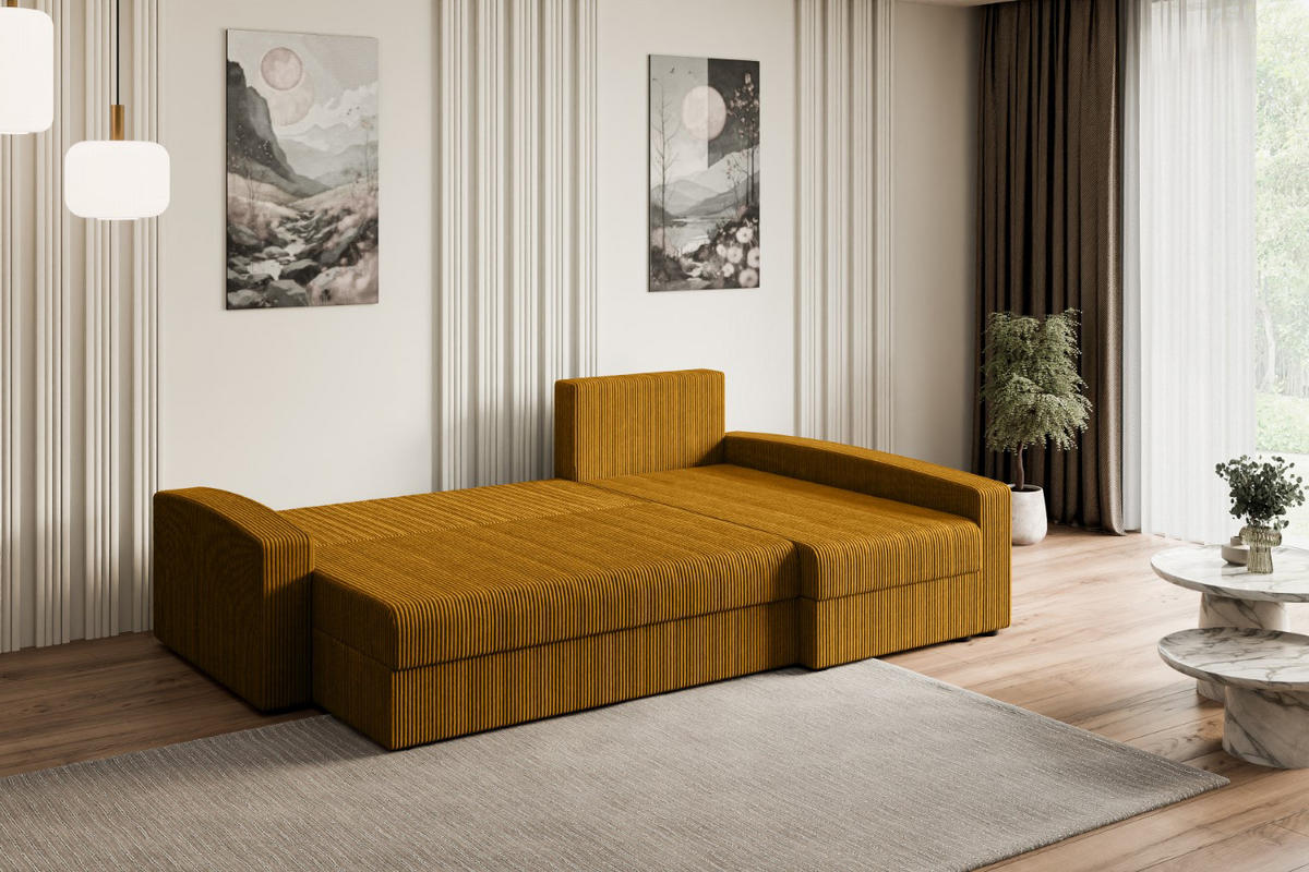 ECKSOFA mit Schlaffunktion und Bettkasten ALESIA-L 231x140x90 cm Senfgelb Cord - Gelb/Silberfarben, Holzwerkstoff/Kunststoff (231/140cm) - ALTDECOR