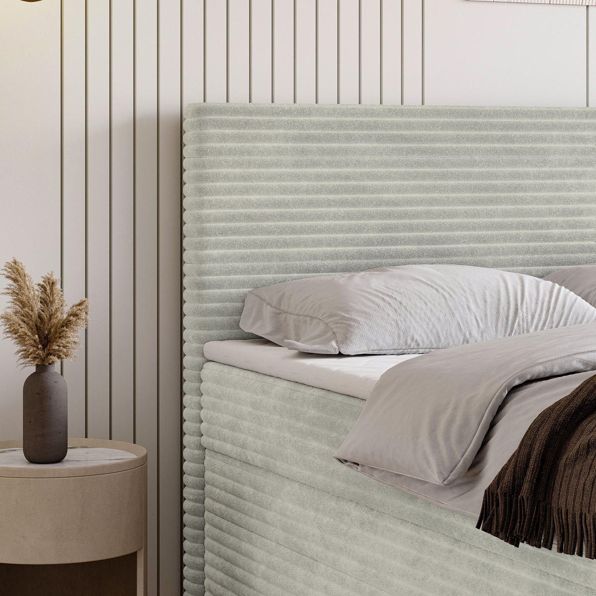 BOXBETT NOLEN 180x200 cm mit Matratze und Topper - Hellgrau - Hellgrau, Holz (180/200cm) - MASSENO