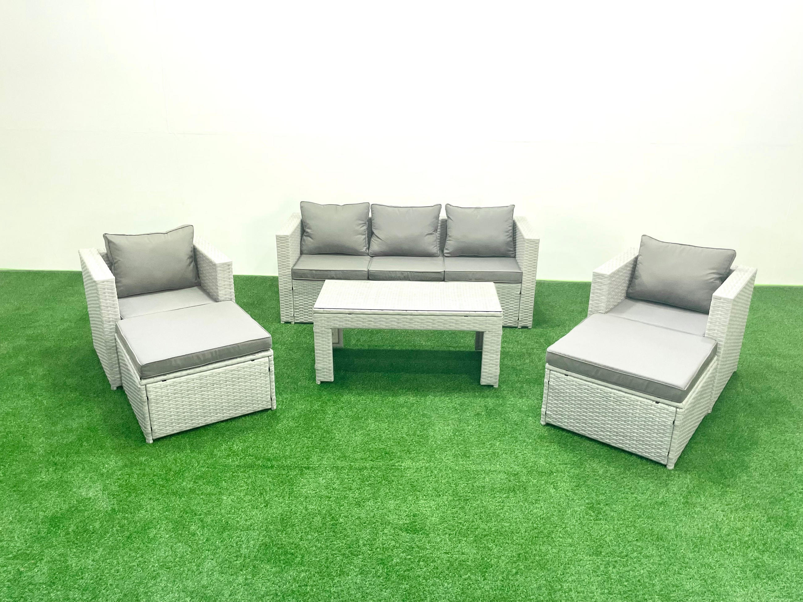 GARTENSET mit 3-SITZER SOFA,COUCHTISCH Polyrattan Hellgrau-Mix 7-Sitzer - Hellgrau/Grau, Glas/Kunststoff - Fimous