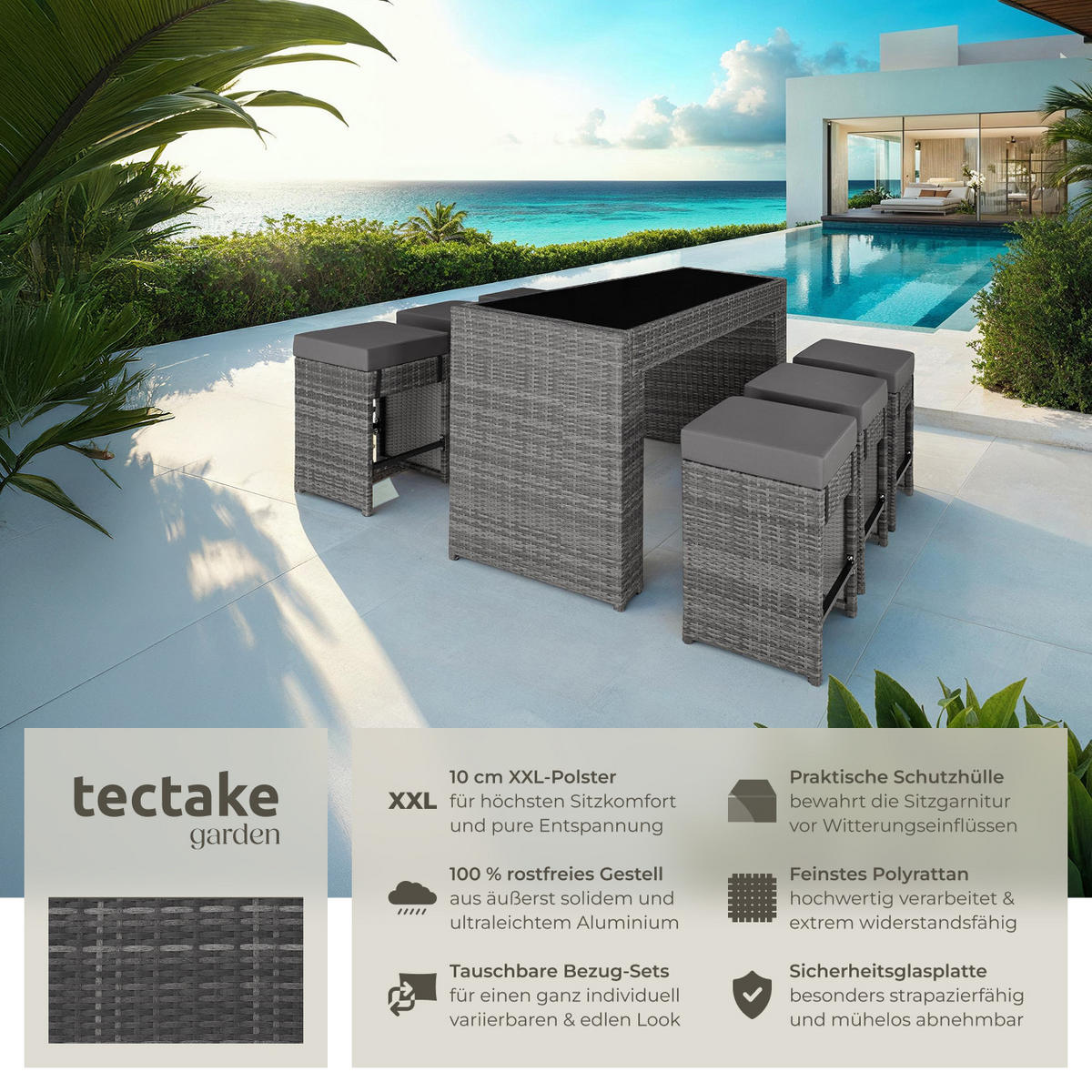RATTAN BARSET Ibiza,2 Bezugssets,grau - Grau, Kunststoff - tectake