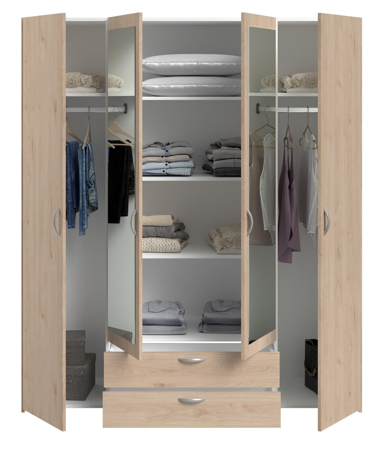 KLEIDERSCHRANK mit Spiegel Eiche 160 cm 4-türig Drehtürenschrank - Eichefarben/Silberfarben, Holzwerkstoff/Kunststoff (160/185/51cm) - Furn.Design