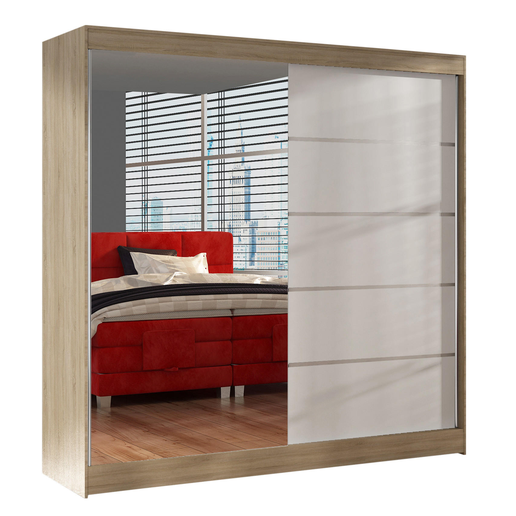 Sofnet Schwebetürenschrank Beige, Weiß 200x215x58 cm