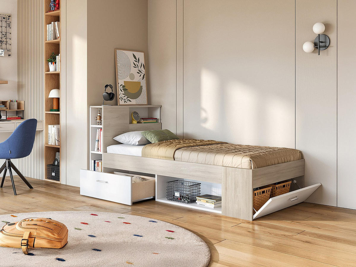 BETT mit Kopfteil, Stauraum & Schublade + Lattenrost - 90 x 190 cm - Weiß und Holzfarben - LEANDRE - Naturfarben, Holz (90/190cm) - Vente-Unique