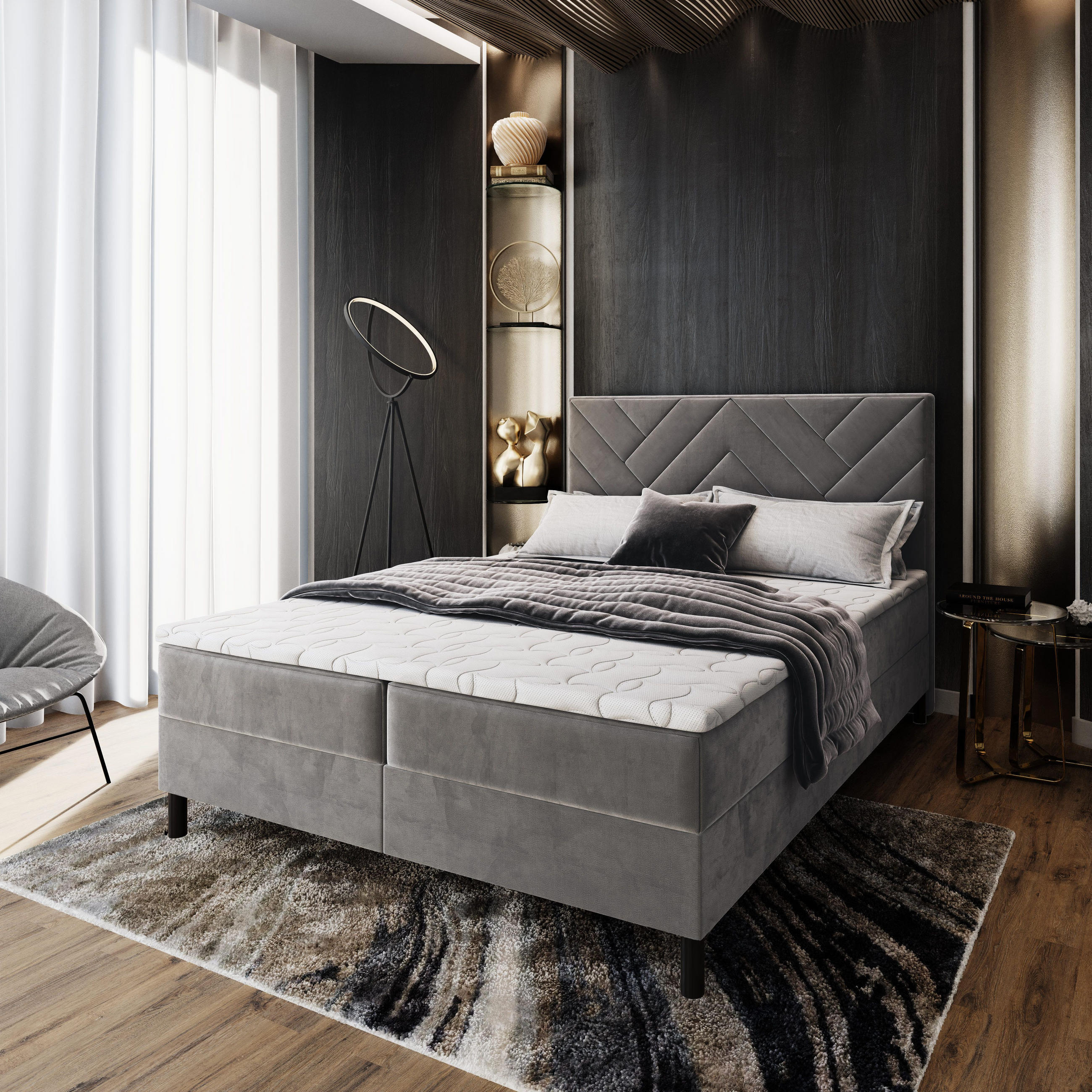 BOXBETT ROKIS 140x200 cm mit Matratze und Topper - Grau - Grau, Holz (140/200cm) - MASSENO