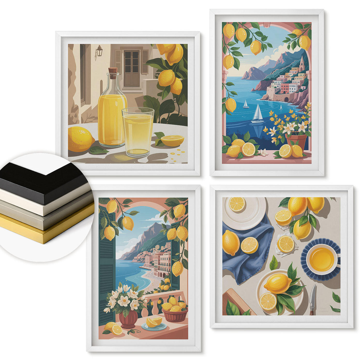 WANDBILDER 4er-Set - 50x50 cm & 40x60 cm Weißer Rahmen - Meerblick, italienische Zitronen - Weiß, Kunststoff (50/50cm) - ArtPrintCave