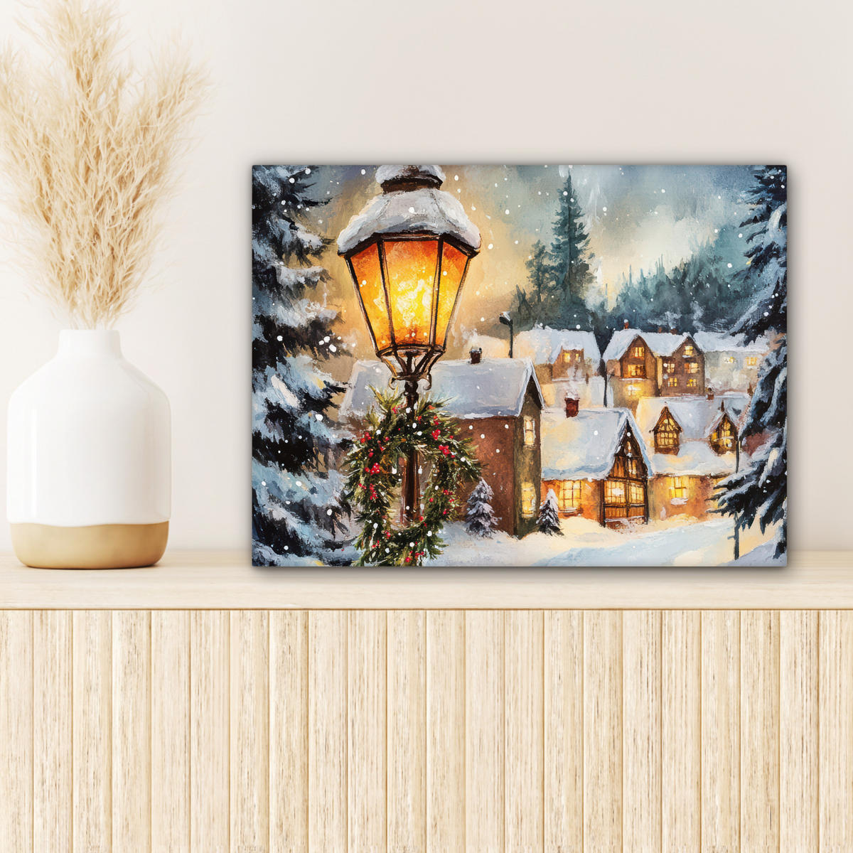 LEINWANDBILD Weihnachtsdorf - Häuser - Schnee - Weihnachten Wandbild 40x30 cm - Sandfarben, Textil (40/30cm) - MuchoWow