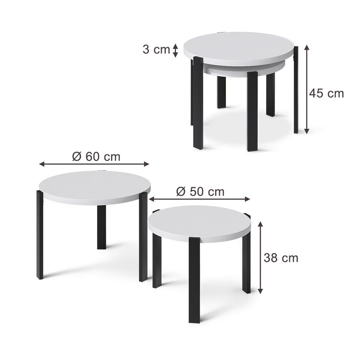 COUCHTISCH-SET Norin, Weiß/Schwarz, 60 x 60 cm - Schwarz/Weiß, Holzwerkstoff (60/60/45cm) - Vicco