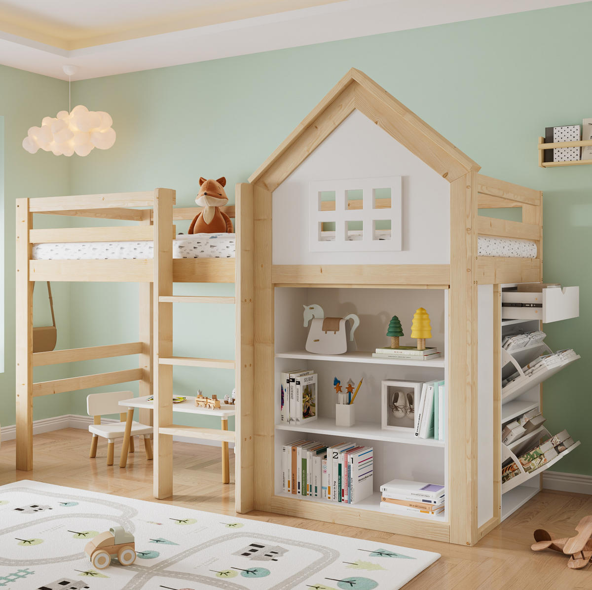 HOCHBETT Hausdesign 90/200 cm Weiß Natur mit Staufächern, Schubladen ohne Matratze - Weiß, Holz (90/200cm) - MIVRAY
