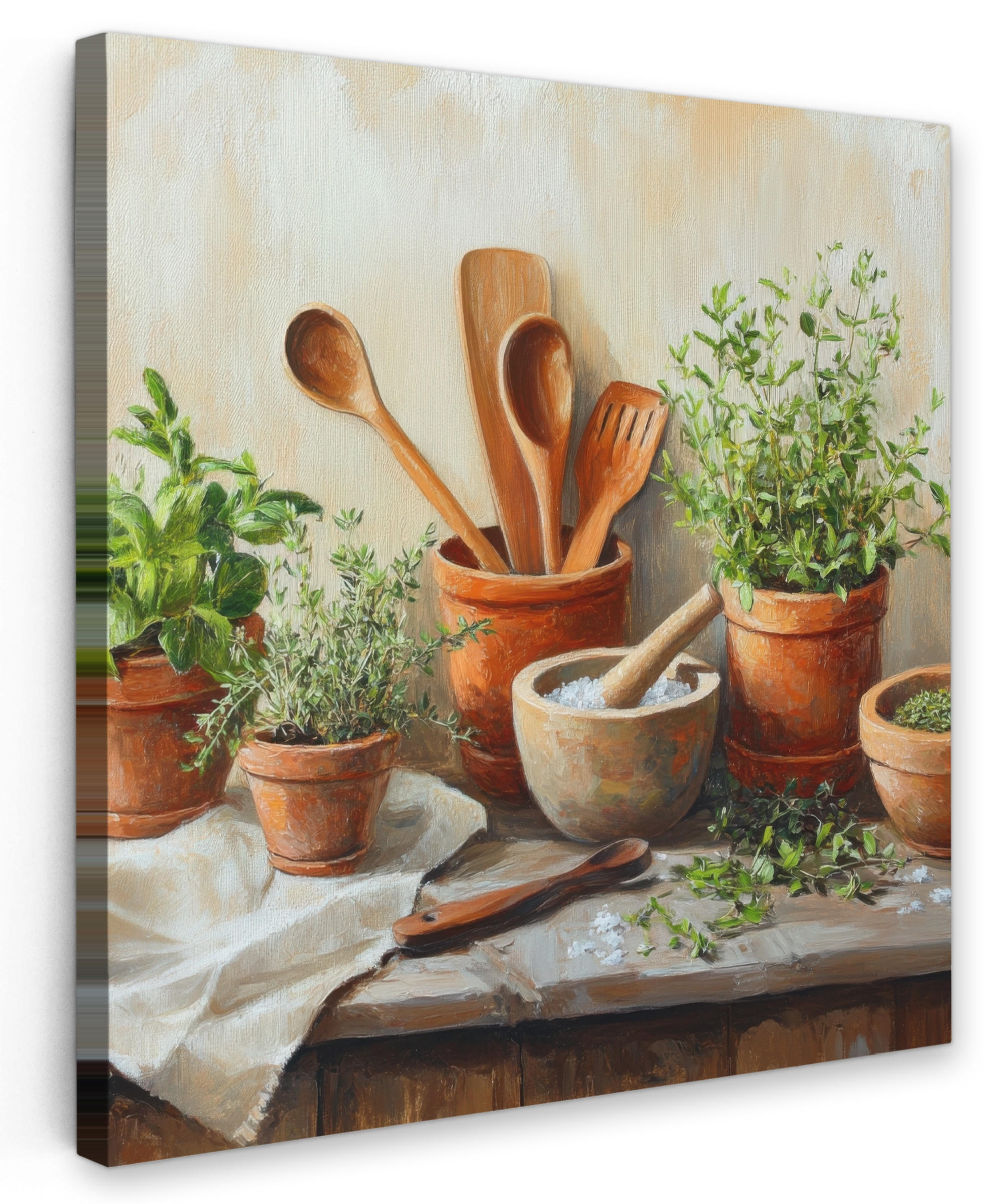 MuchoWow OBRAZ NA PLÁTNĚ Hrnce - Bylinky - Dřevo 20x20 cm