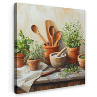 LEINWANDBILD Töpfe - Kräuter - Holz 90x90 cm - Terracotta, Textil (90/90cm) - MuchoWow