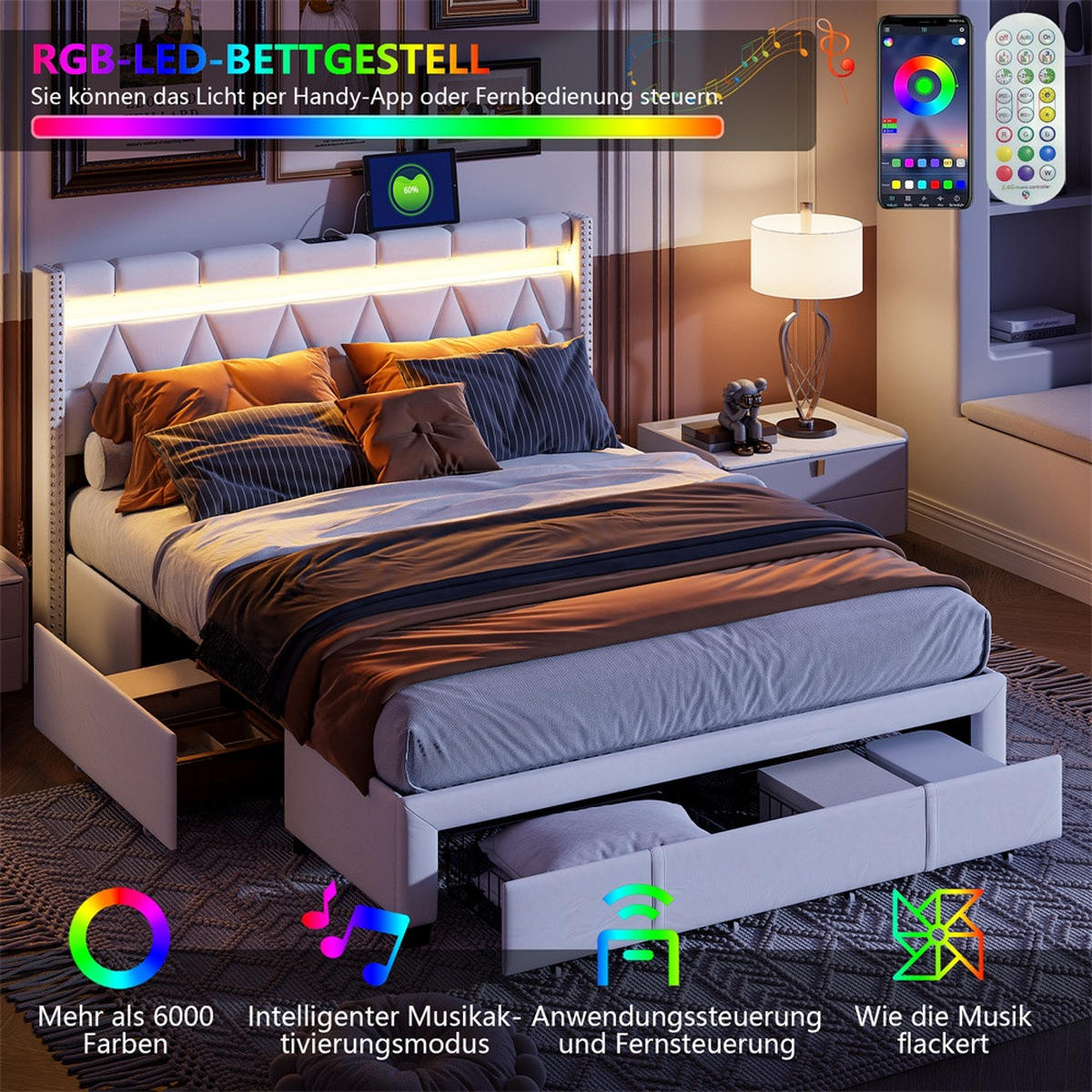 POLSTERBETT 160x200 cm - mit LED-Kopfteil, USB-Ladefunktion und 4 Schubladen - ohne Matratze - Beige - Beige, Textil (160/200cm) - DELFA