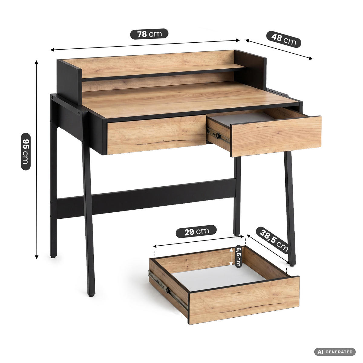 SCHREIBTISCH FLUX 78 cm Craft Eiche - Eichefarben/Schwarz, Holzwerkstoff (78/48/95cm) - Akord