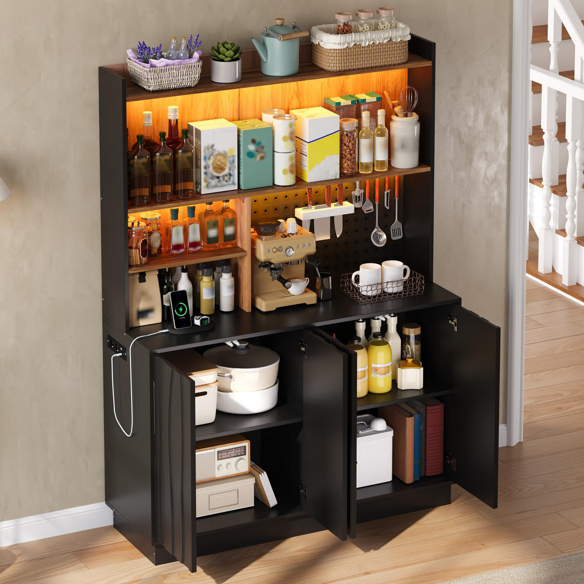 BUFFET DE-38743 120/43/160 cm LED-Beleuchtung und Lochwand Schwarz - Schwarz, Holzwerkstoff (120/160/43cm) - ComfortXL