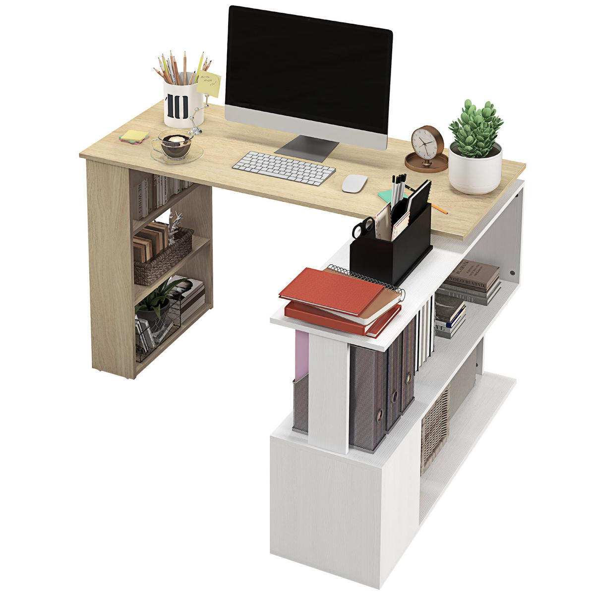 SCHREIBTISCH DE-14943 modulierbar mit 360°-Drehbücherregal Natur - Naturfarben, Holzwerkstoff (120/110/74.5cm) - ComfortXL