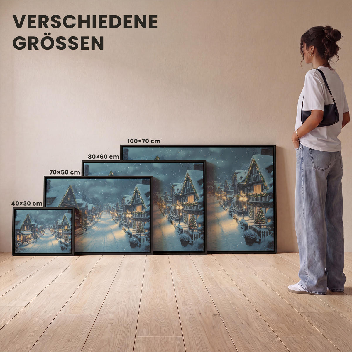LEINWAND Bilder mit Rahmen - Weihnachtsdorf - Weihnachten - Schnee - Winter - 40x30 - Dunkelblau, Textil (40/30cm) - MuchoWow