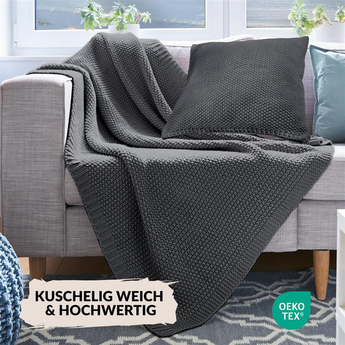 STRICKDECKE 130x170 cm, Kuscheldecke aus 100% Polyacryl, Flauschige Wohnzimmer Wohndecke für Sofa, Bett, Couch uvm. - Anthrazit - Anthrazit, Textil (130/170cm) - Carpe Sonno