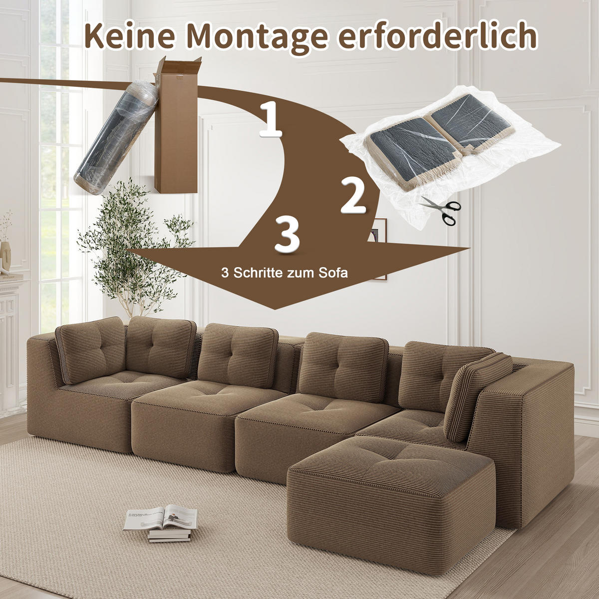 4-SITZER ECKSOFA Cord Braun mit Kissen und Hocker - Braun, Textil (386/177cm) - WISHDOR