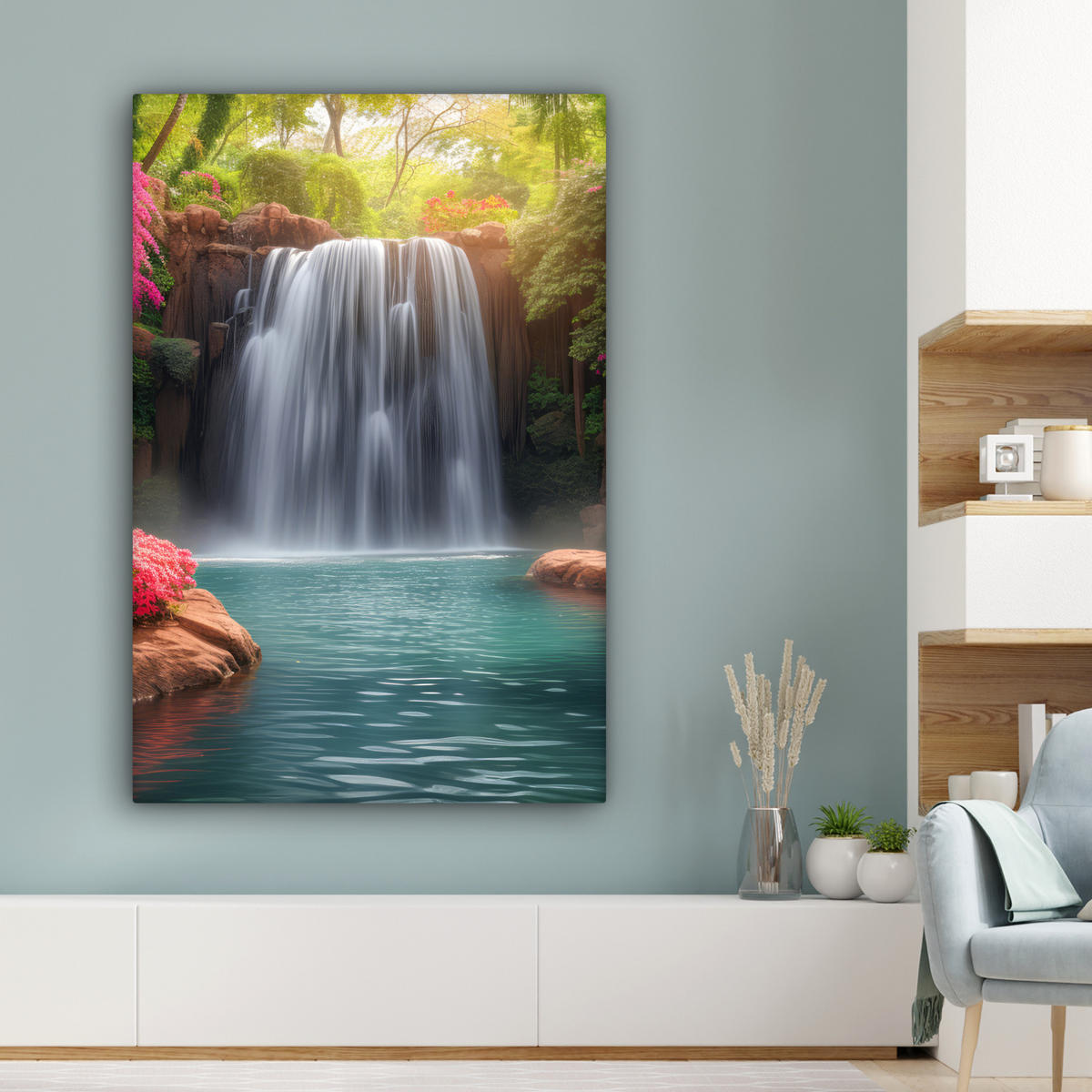 LEINWANDBILD Wasserfall - Natur - Pflanzen - Dschungel - Wasser 80x120 cm - Grün, Textil (80/120cm) - MuchoWow