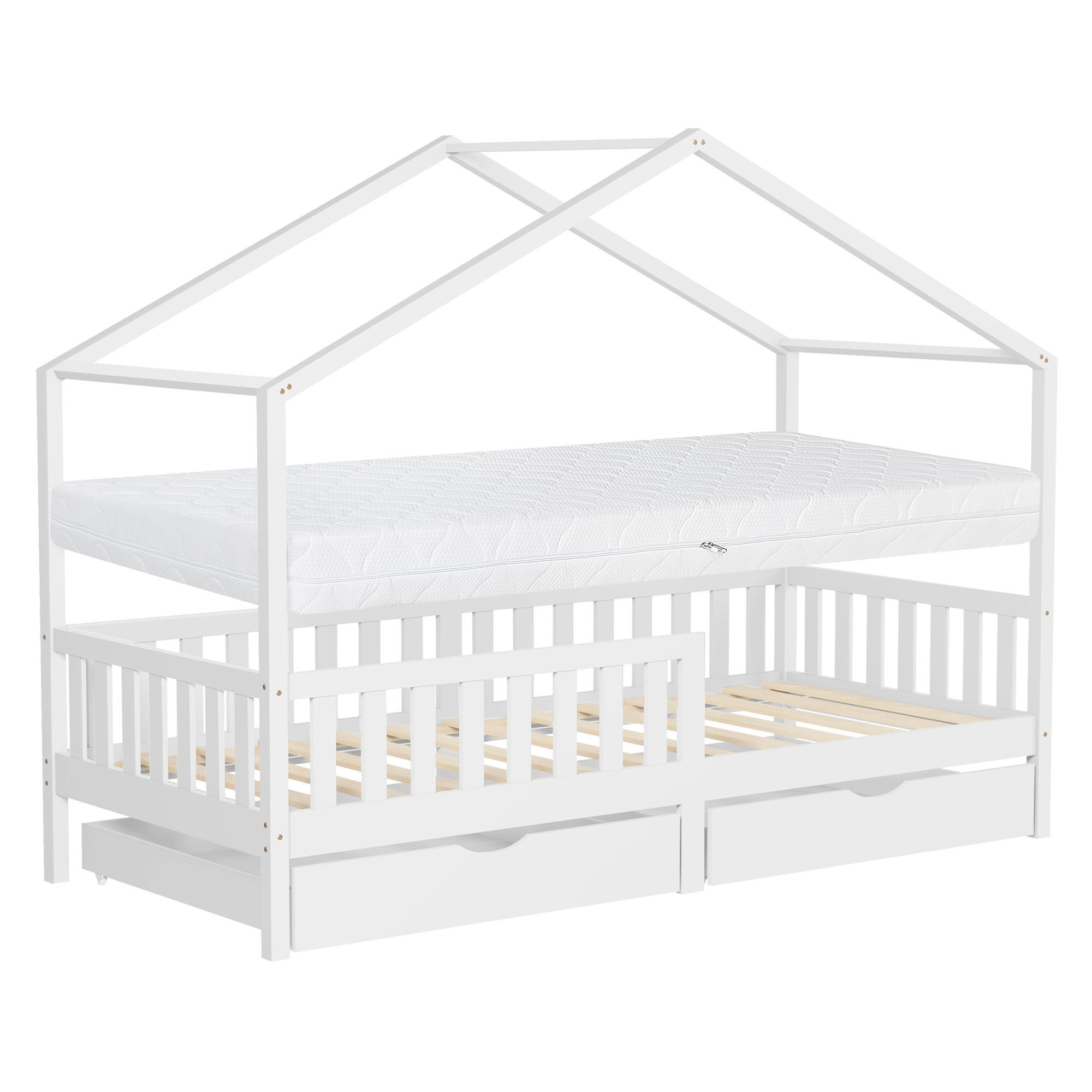 HAUSBETT mit Matratze 90x200 cm und 2 Schubladen Weiß aus Kiefernholz - Weiß, Holz (90/200cm) - ML-DESIGN